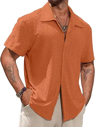 Vssjavun Mens Short Sleeve Button Down Shirts Casual Hollow Out Summer Beach Shirt
