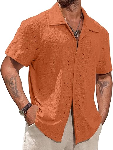 Vssjavun Mens Short Sleeve Button Down Shirts Casual Hollow Out Summer Beach Shirt