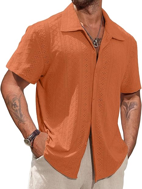 Vssjavun Mens Short Sleeve Button Down Shirts Casual Hollow Out Summer Beach Shirt
