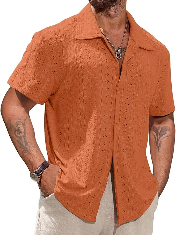 Vssjavun Mens Short Sleeve Button Down Shirts Casual Hollow Out Summer Beach Shirt