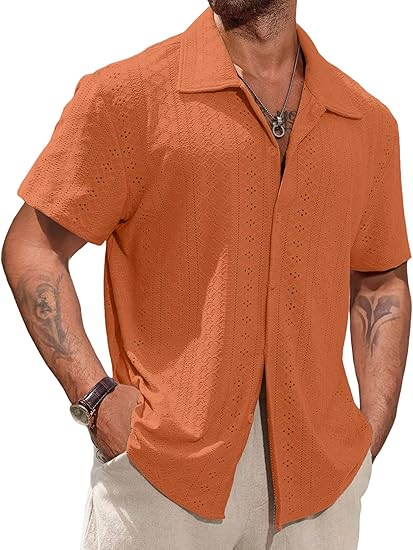 Vssjavun Mens Short Sleeve Button Down Shirts Casual Hollow Out Summer Beach Shirt