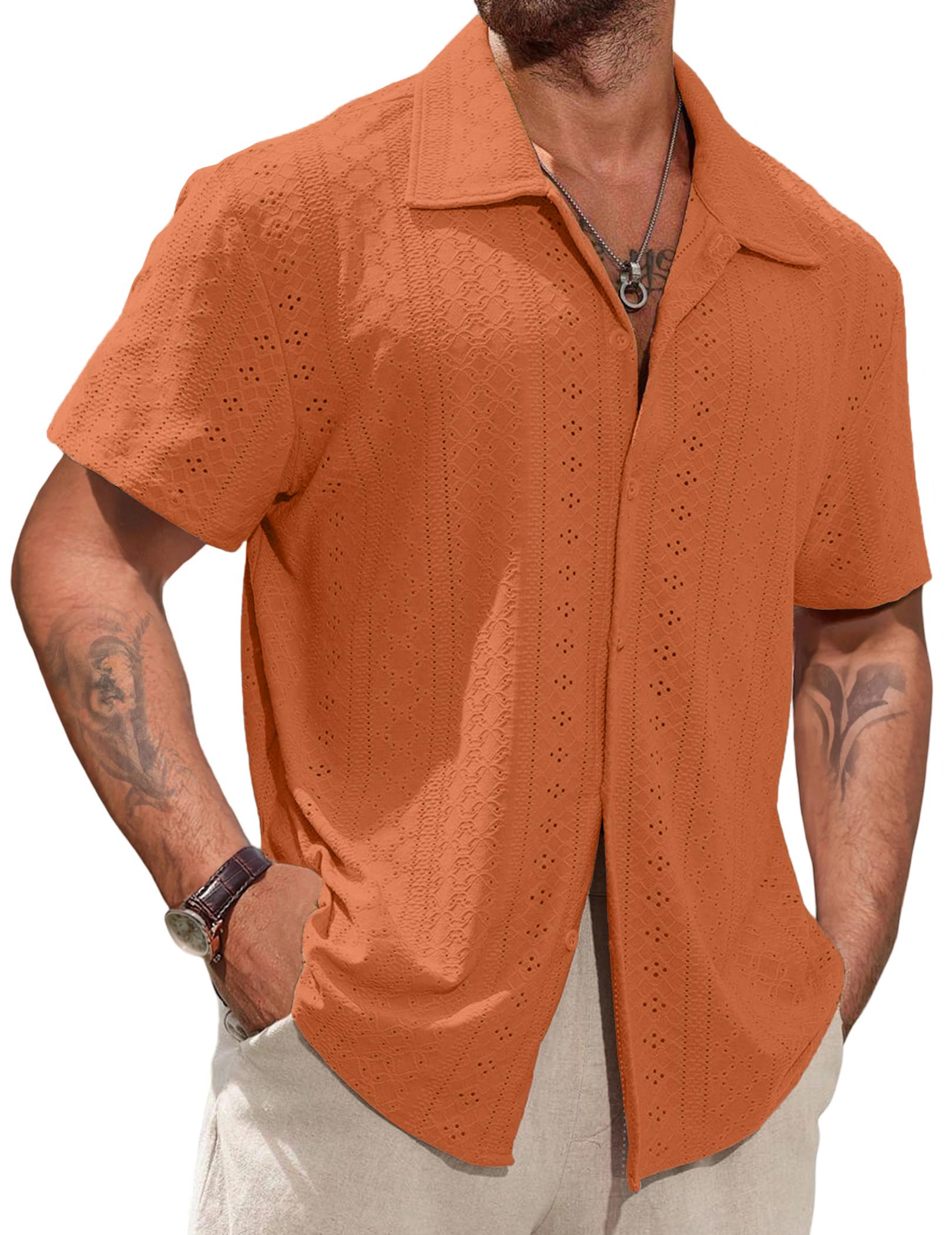 Vssjavun Mens Short Sleeve Button Down Shirts Casual Hollow Out Summer Beach Shirt
