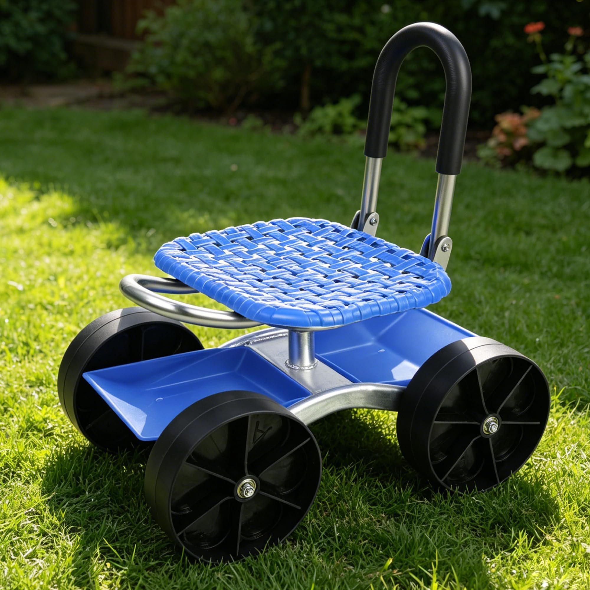 360° Swivel Rolling Garden Seat, Gardening Stool on Wheels, Height Adjustable Workshop Stool on Wheels with Handles, Rolling Workseat for Gardening, Car Detailing & Garage Work, Gardeners Gifts (Blue)