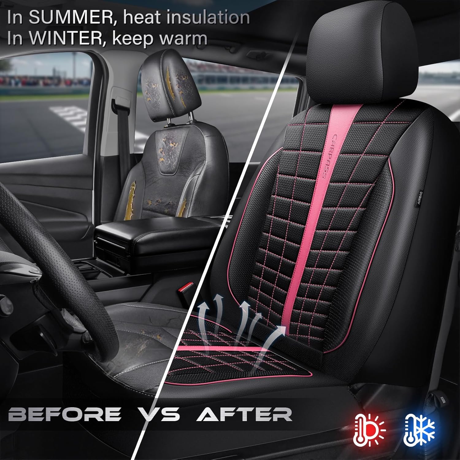 CAR PASS 3D Air Mesh Leather Seat Covers, Leather Steering Wheel Cover and Waterproof Car Floor Mats,Microfiber Universal Car Combo Fit for 95% Sedan,SUV,Cars,14.5-15inch Anti-Slip, Black Pink