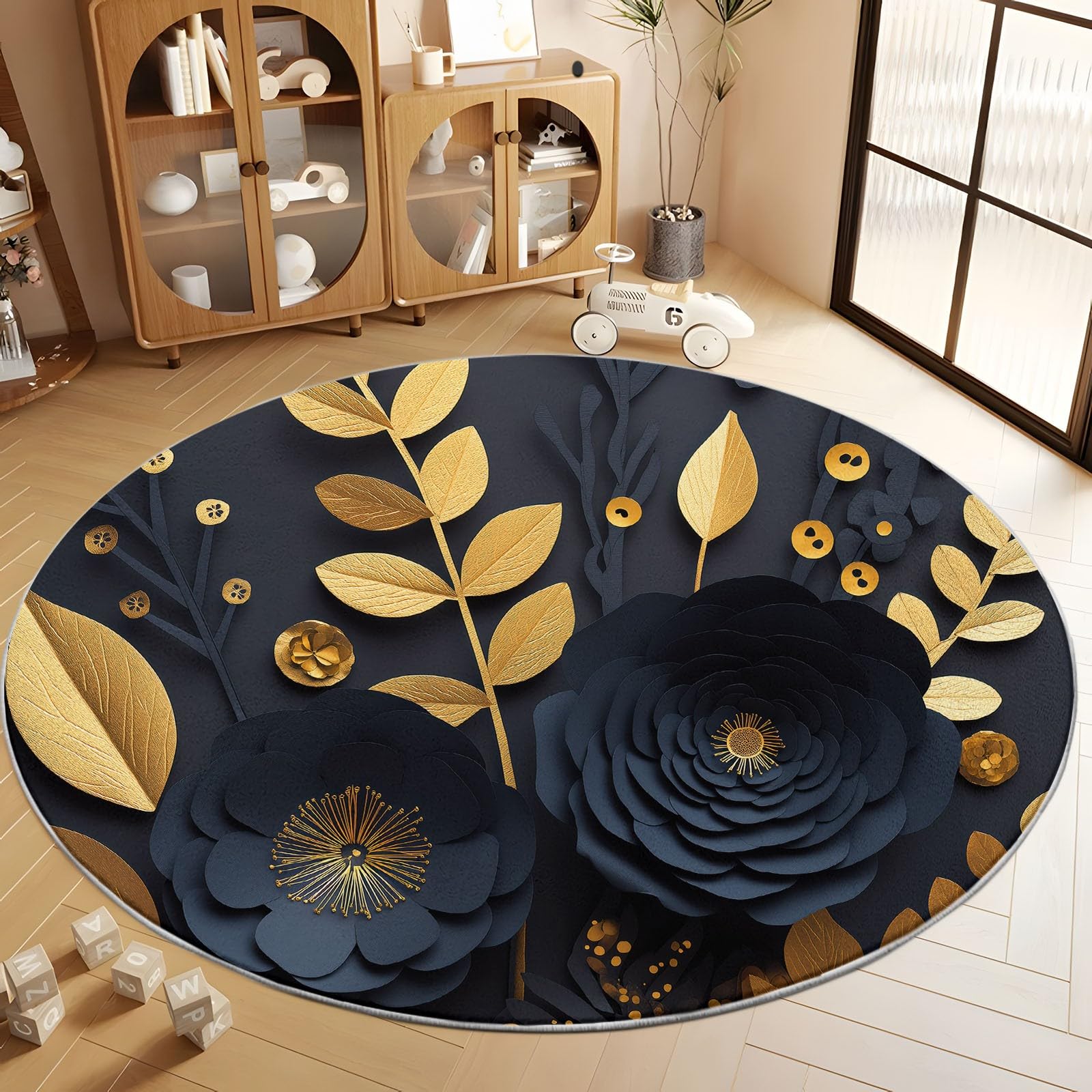 Générique Okrągły dywan do sypialni 100 cm miękki nadruk 3D, antypoślizgowy okrągły dywan do salonu, zmywalny wystrój czarne kwiaty złote liście - dywan do salonu pokój dziecięcy pokój zabaw