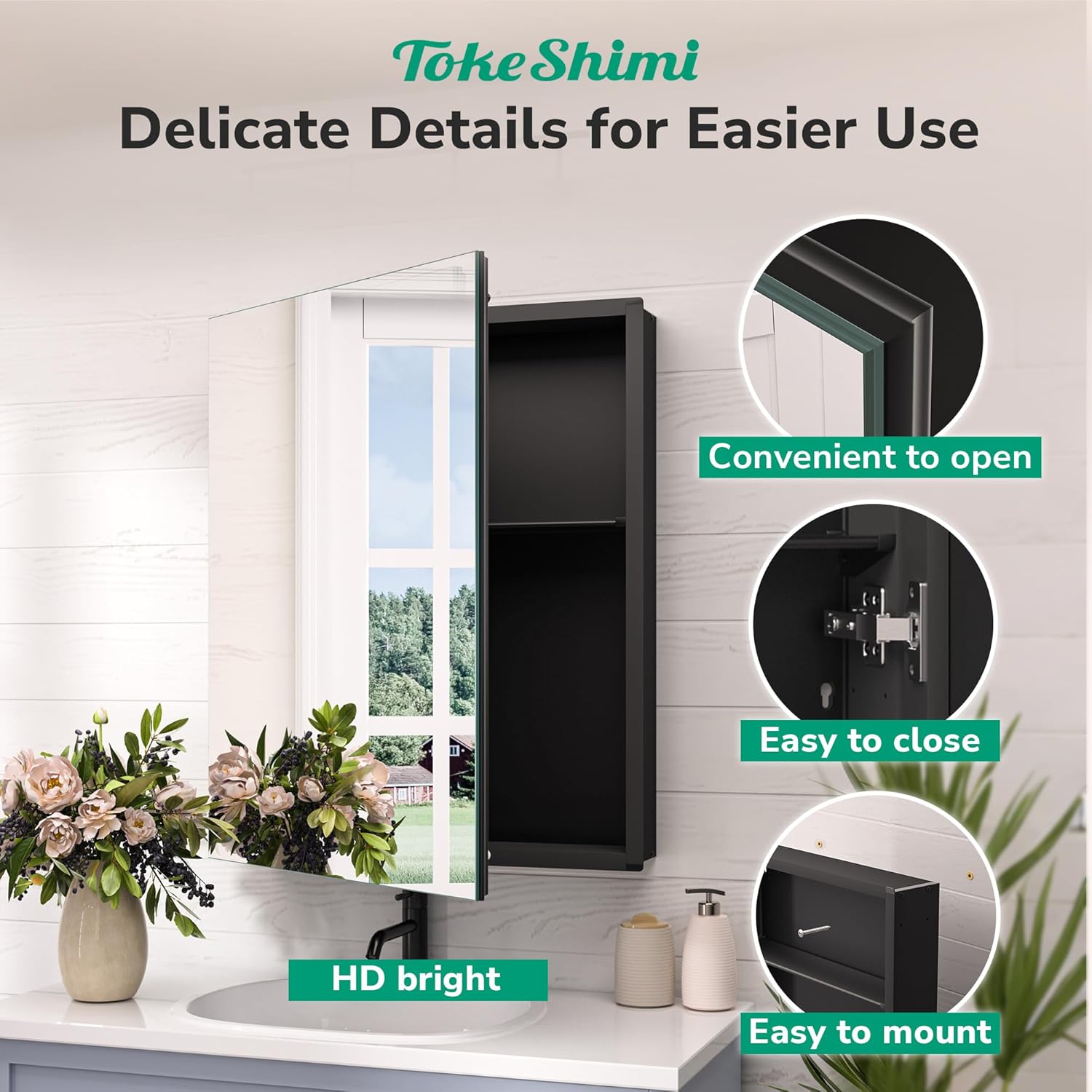 TokeShimi 14 x 18 Black Medicine Cabinet with Mirror, Aluminum Mirror Medicine Cabinet Wall Mounted or Recessed with Stepless Adjustable Amply Storage Metal for Modern Farmhouse