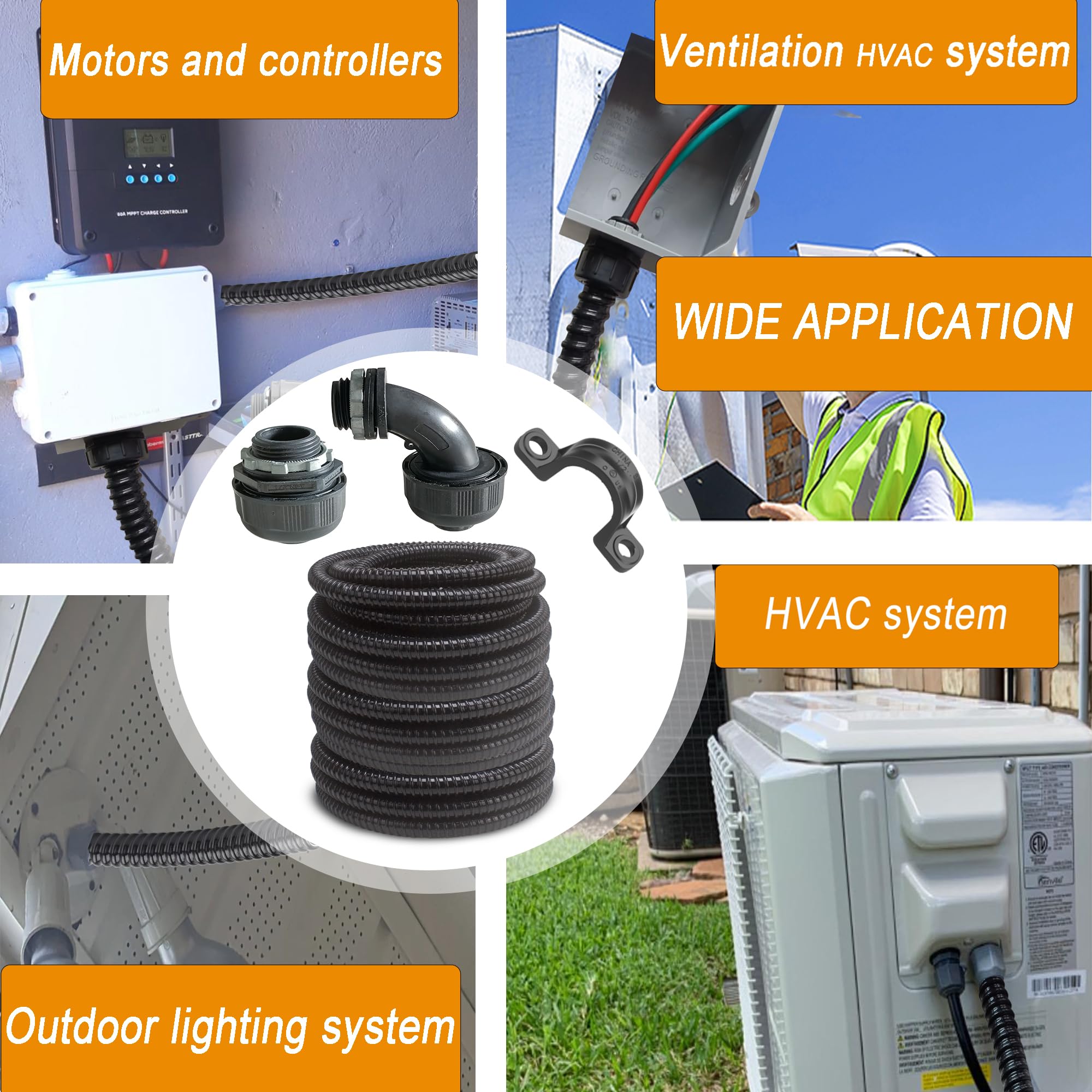 Kit di condotti elettrici extra flessibili in PVC (1,27 cm di diametro x 30,5 m) con 5 accoppiamenti, 5 gomiti e 10 cinghie, guarnizione Sealtight Flex Liquidtight Wire