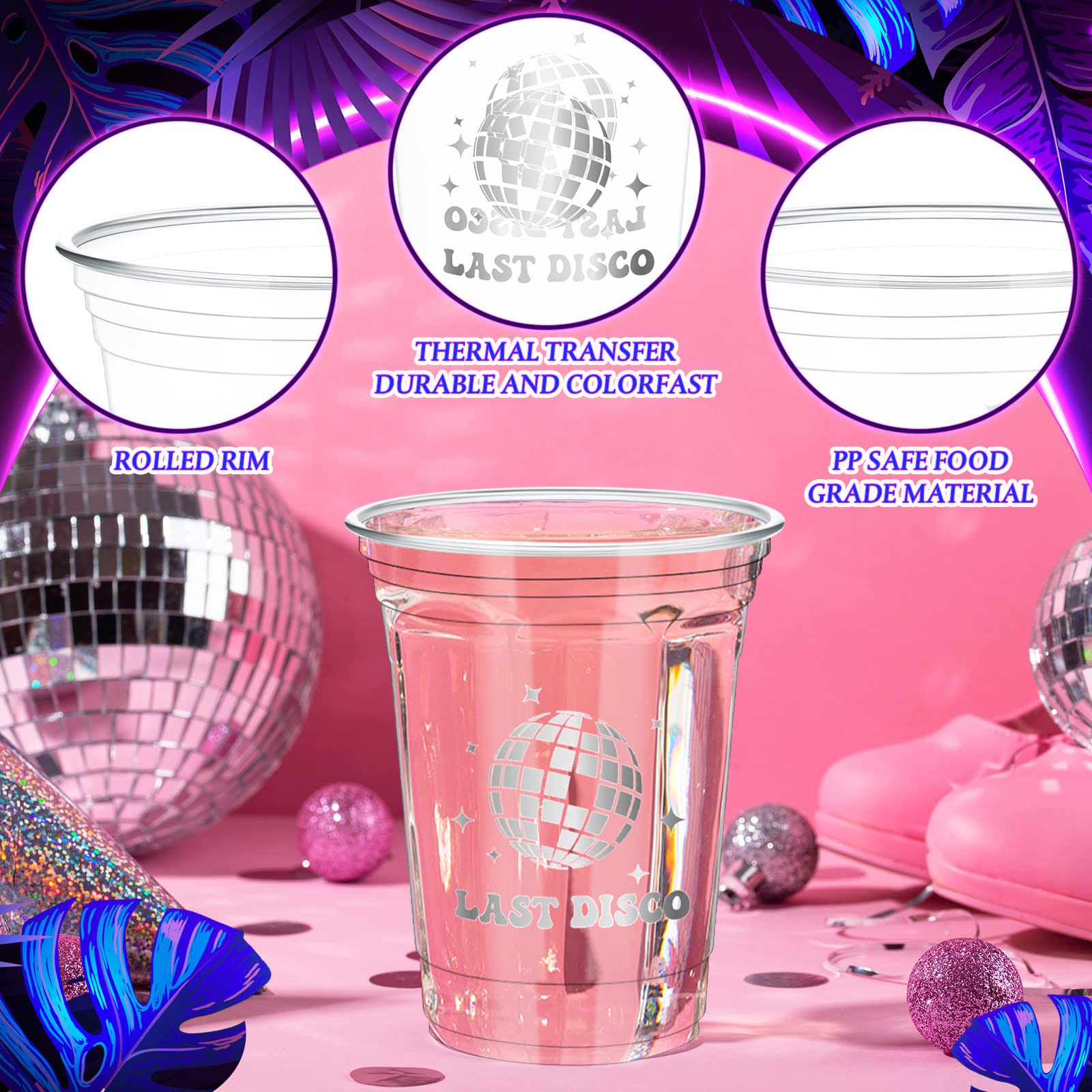 Geyee 48 Pack Disco Disposable Party Cups, 16oz Disco Supplies Ball Disposable Plastic Cup 70s 80s 90s Party Hot and Cold Drinks for Bachelorette Wedding Picnic Supplies