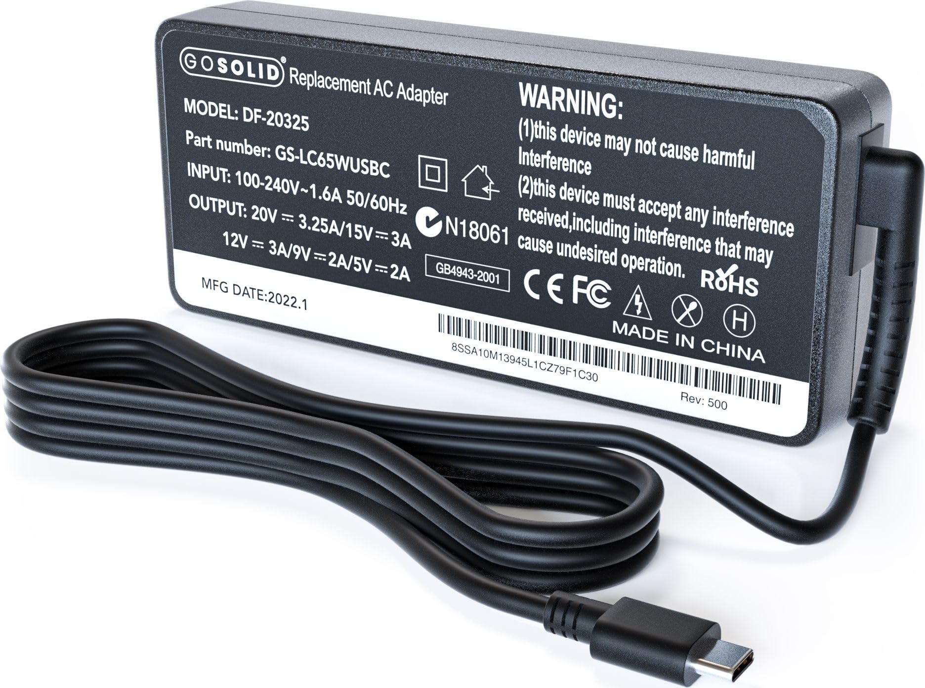 GO SOLID! Chargeur 65W Compatible avec Xgimi MoGo 3 Pro Projecteur Portable Intelligent