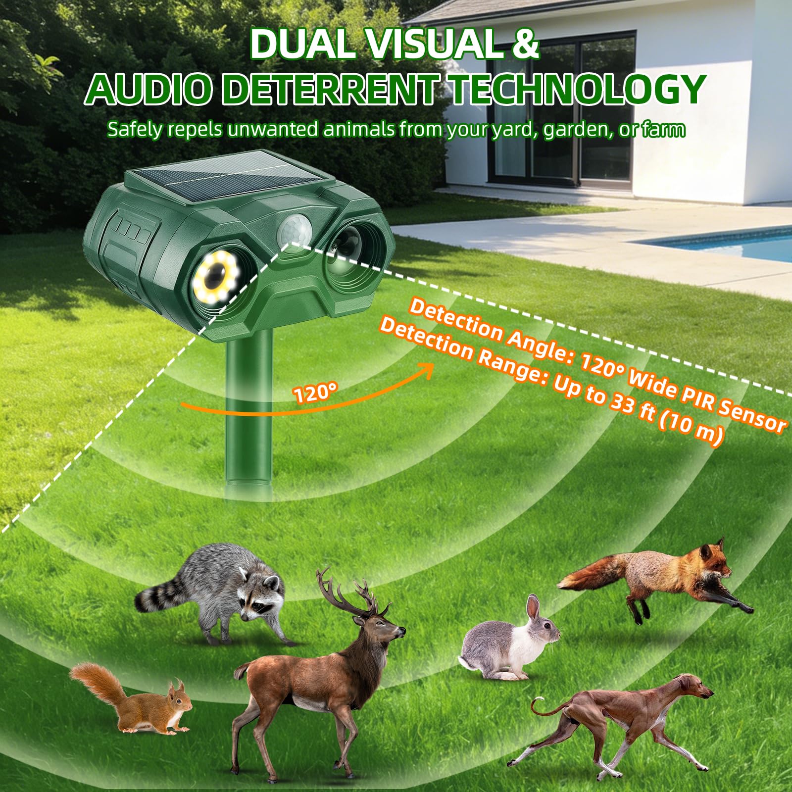 Repellente solare per animali da esterno, 2 pezzi, ricaricabile tramite USB, repellente per gatti, scoiattolo, coniglio, volpe, frequenza regolabile, dispositivi repellenti per cervi con rilevamento