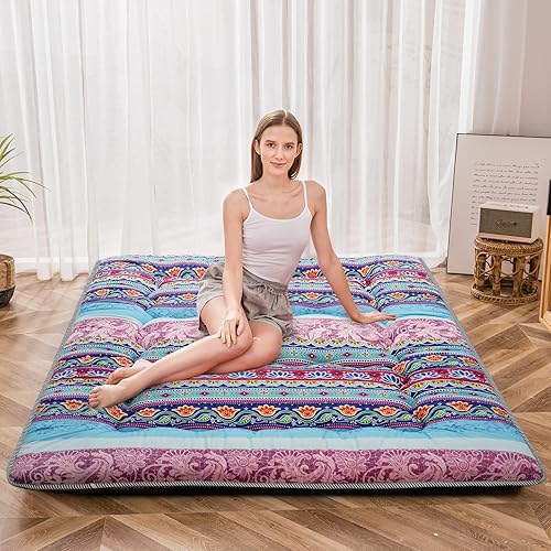 MAXYOYO Colchón de piso bohemio para futón, colchón de futón vintage floral japonés, colchón enrollable de tatami, cama plegable, colchón portátil