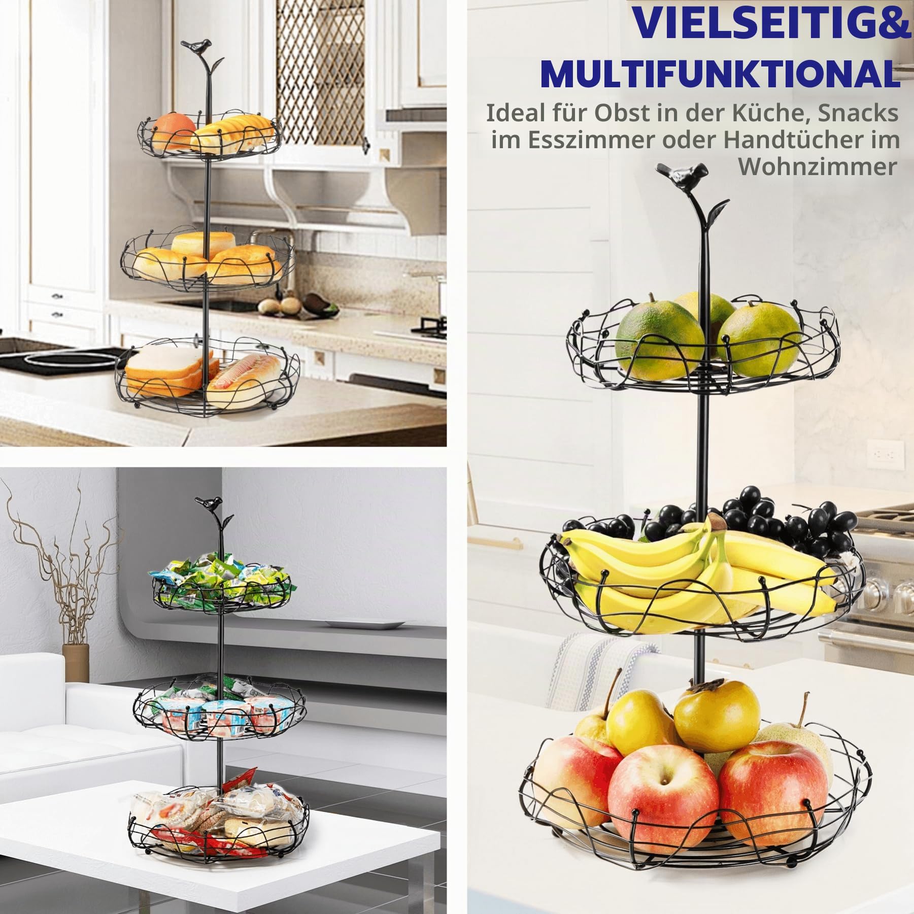 3-Tier Bird Nest Fruit Basket Stand with Cute Handle - Multi-Functional Metal Fruit and Vegetable Organizer for Kitchen Countertop, Ideal for Home Décor & Storage