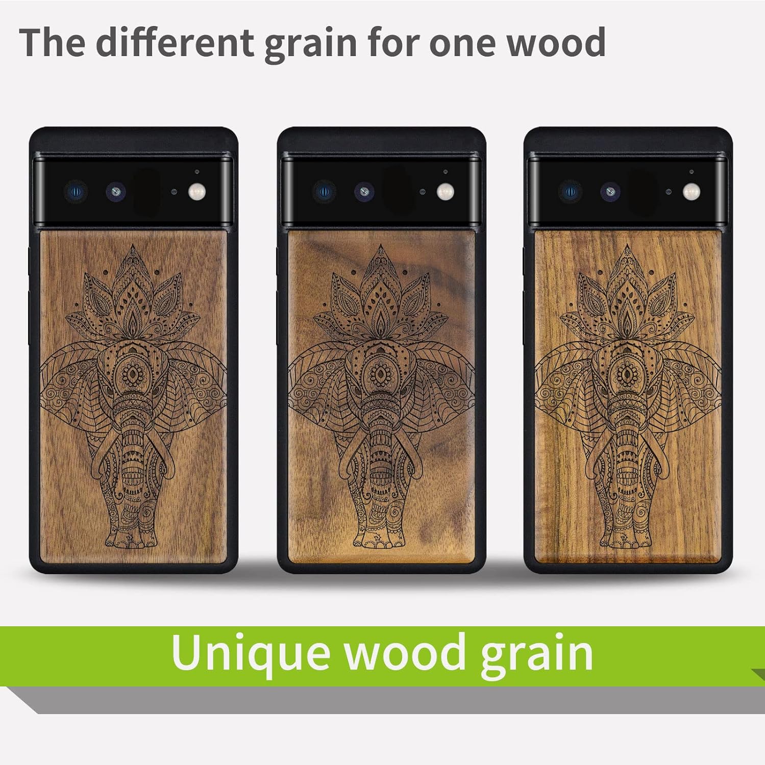 Carveit Wood Case for Pixel 6 Case [Natural Wood & Black Soft TPU] Shockproof Protective Unique Wooden Cover Compatible with Google Pixel 6 (African Tribal Elephant-Walnut)