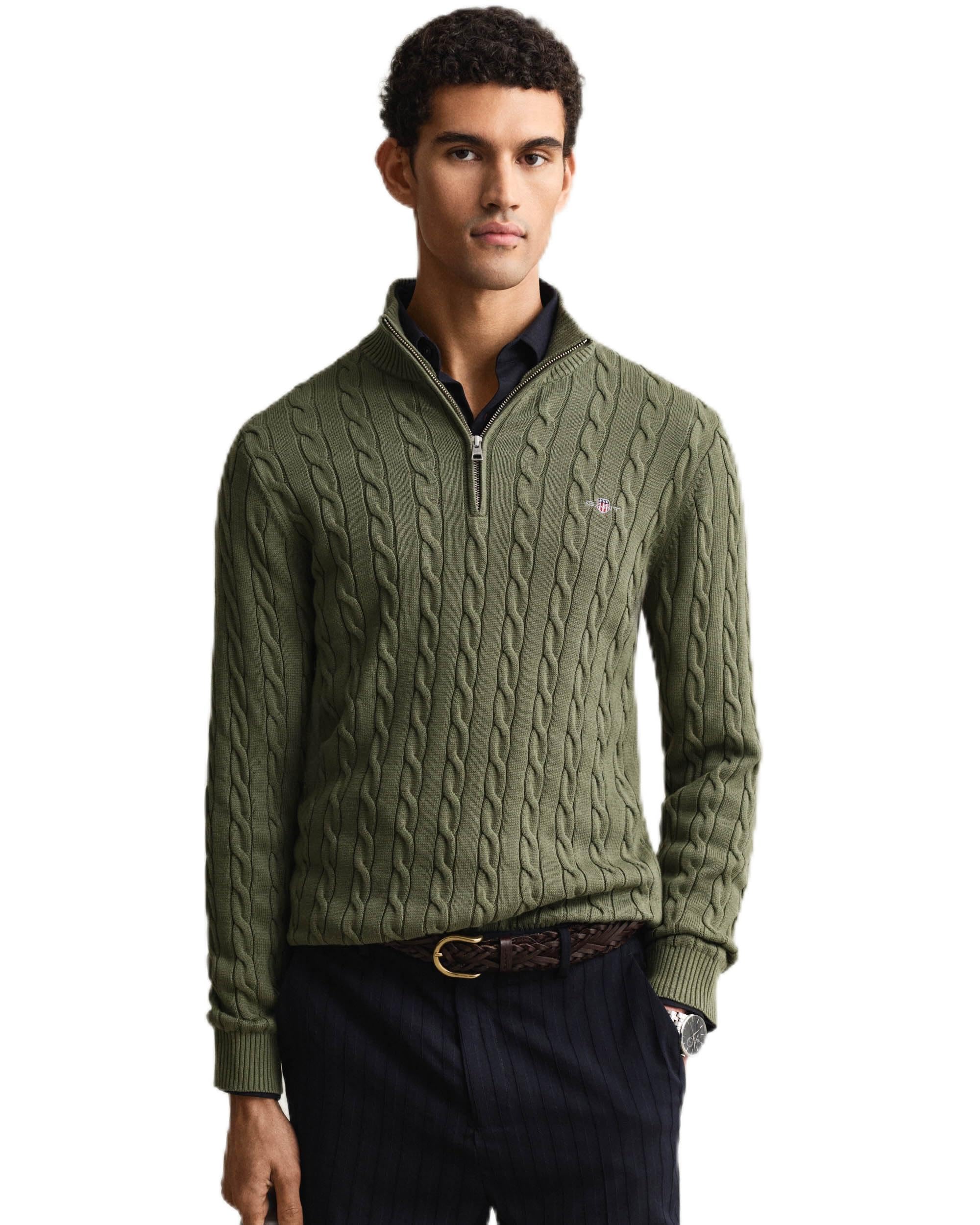 Gant Men's Green Cotton Cable Half Zip Jumper - 379 Dry Herb - 379 Dry Herb - Xl