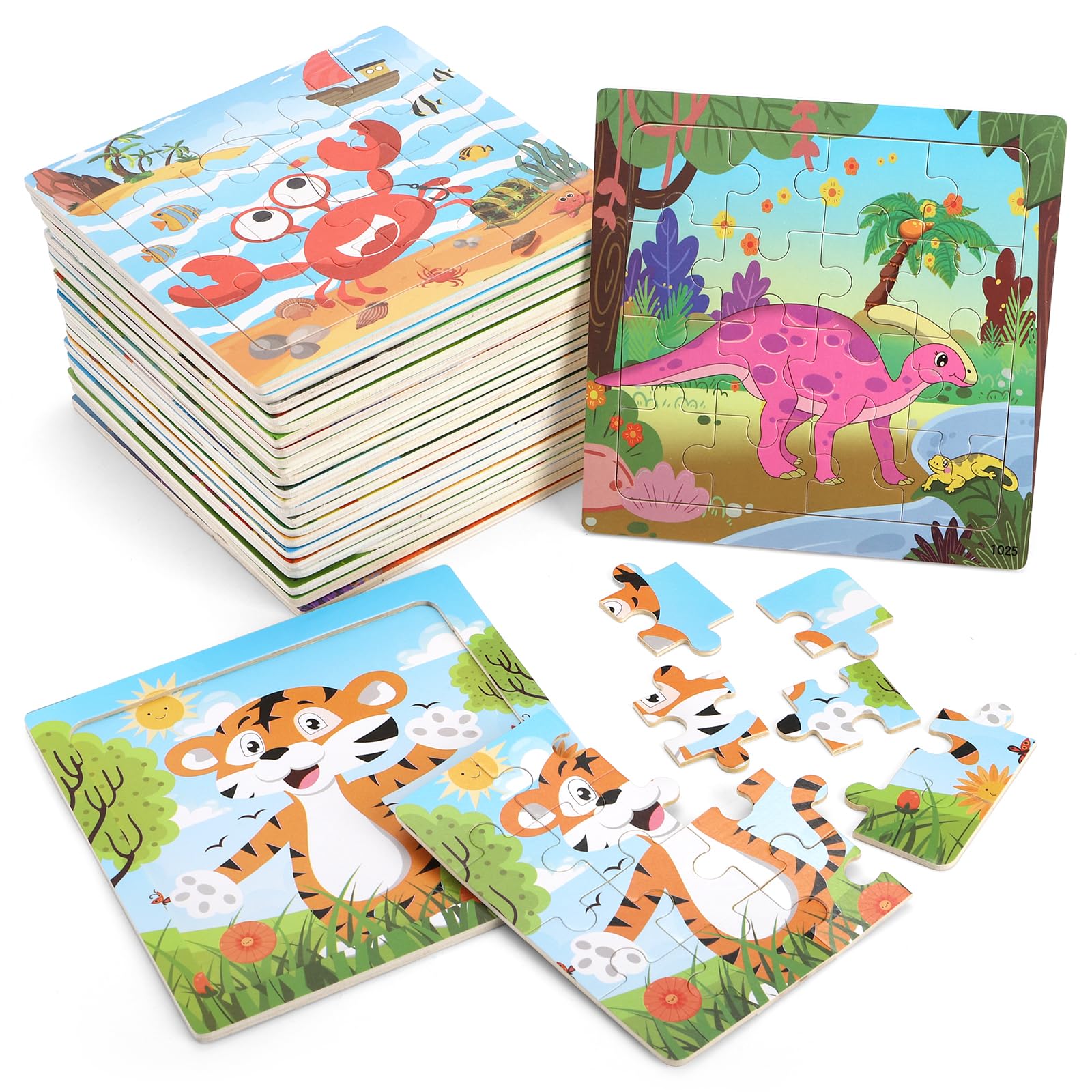 DEAYOU 24 Pack Puzzles for Kids Ages 3-5, 16 Pieces Wooden Animals Jigsaw Puzzles, Preschool Educational Learning Puzzles Toy for Boys and Girls,