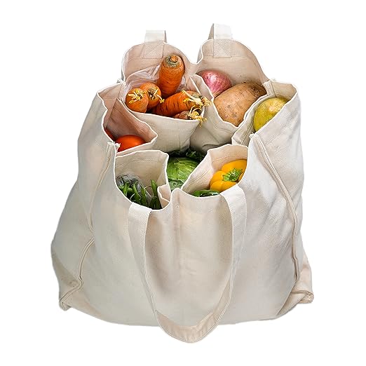 AQVA Blu Cotton Canvas Reusable Vegetable Bag/Grocery Bag/Carry Bag/Shopping Bag with 6 pockets for organised Storage