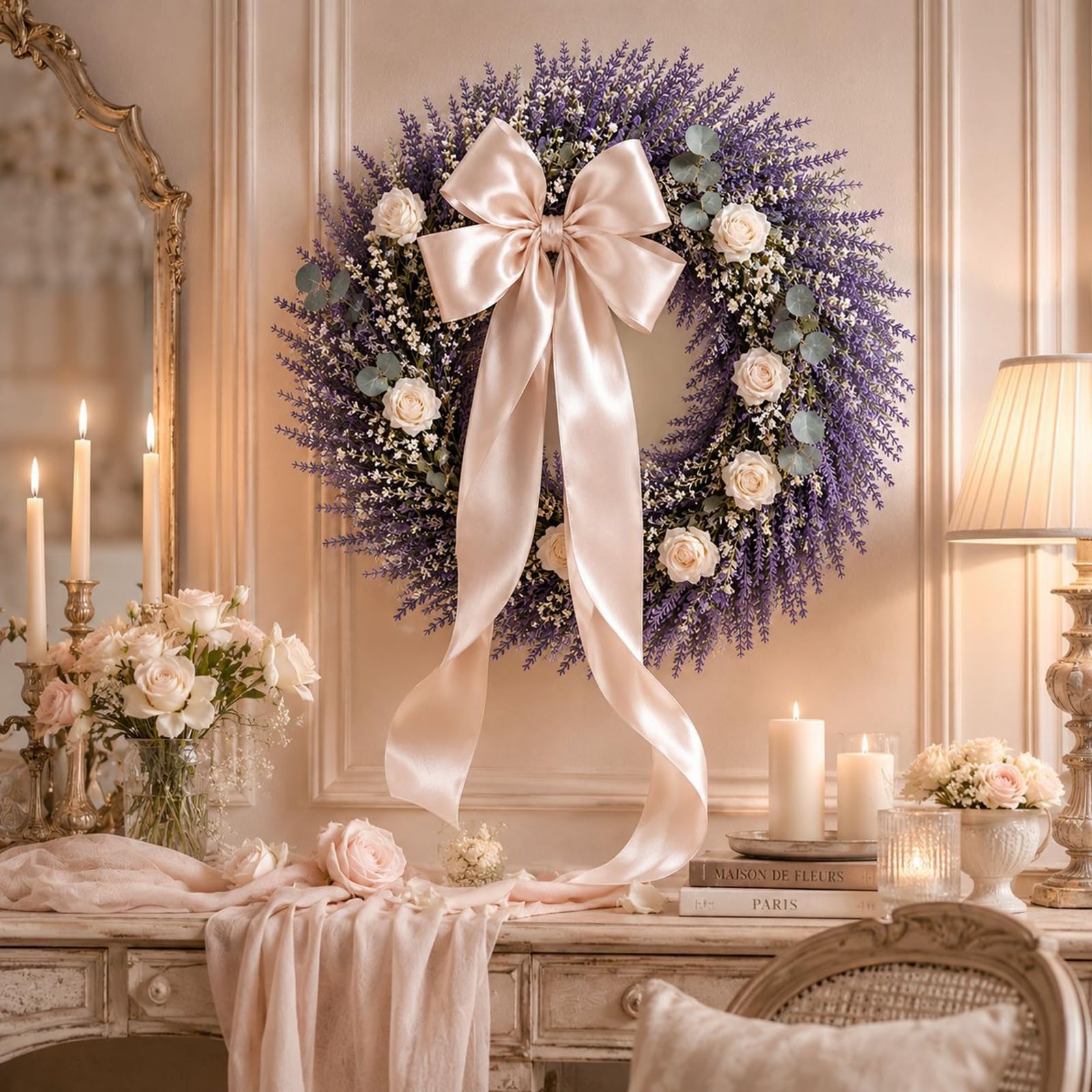 Künstlicher Lavendelkranz, 45/50 cm Lavendel Weiße Rosen Türkranz, Türkranz Ganzjährig, Dekokranz für Haustür Hochzeit Party Garten Tür Fenster Kamin Wand, 18 inch (50cm)