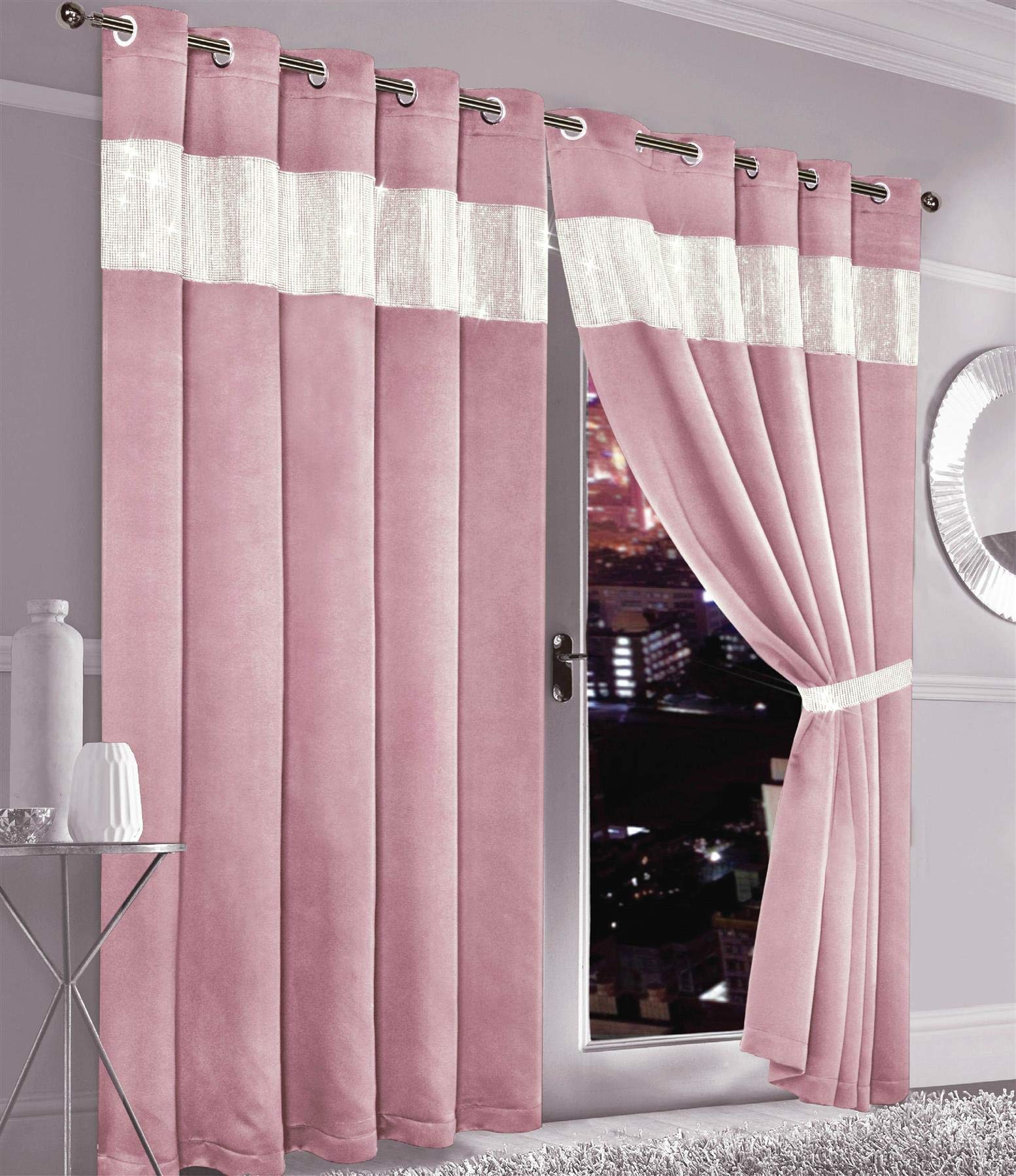 Olivia Rocco Diamante Blackout Eyelet Curtains With Tie Backs Black Out Thermal Ring Top Curtain Pair Window Dressing, 90" (Width) x 90" (Drop) Blush Pink โ image 1