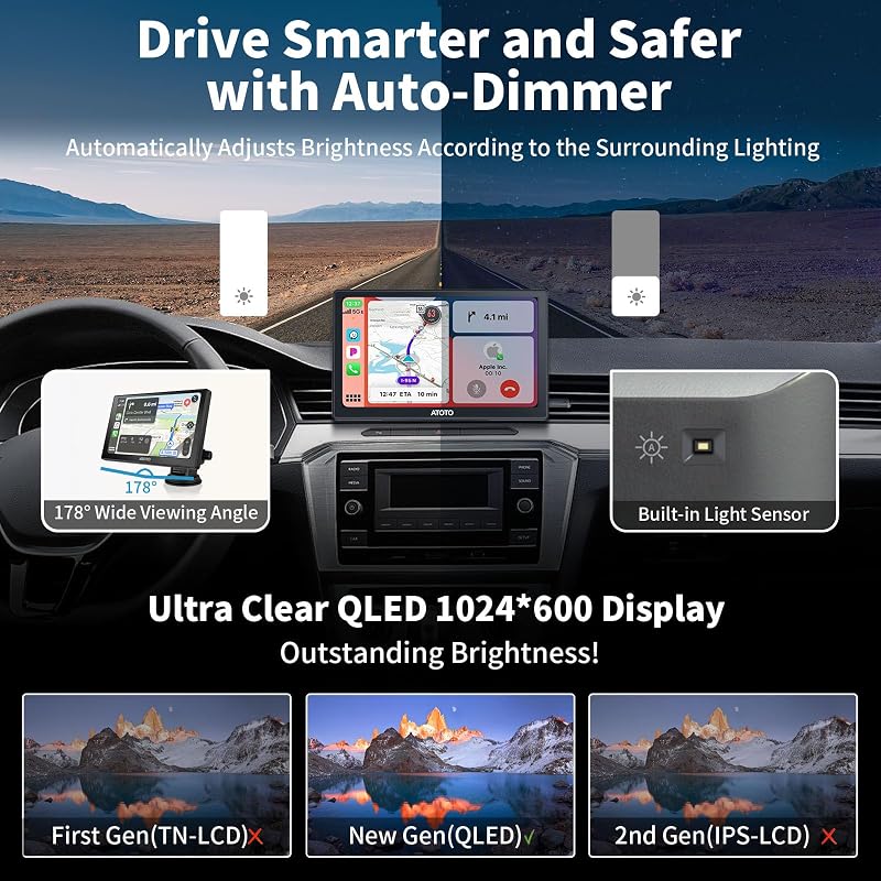 ATOTO P8 Hordozható 7" QLED Autós Navigáció 1080P Tolatókamerával, Vezeték Nélküli CarPlay és Android Auto, Távirányítás, Automata Fényerő,