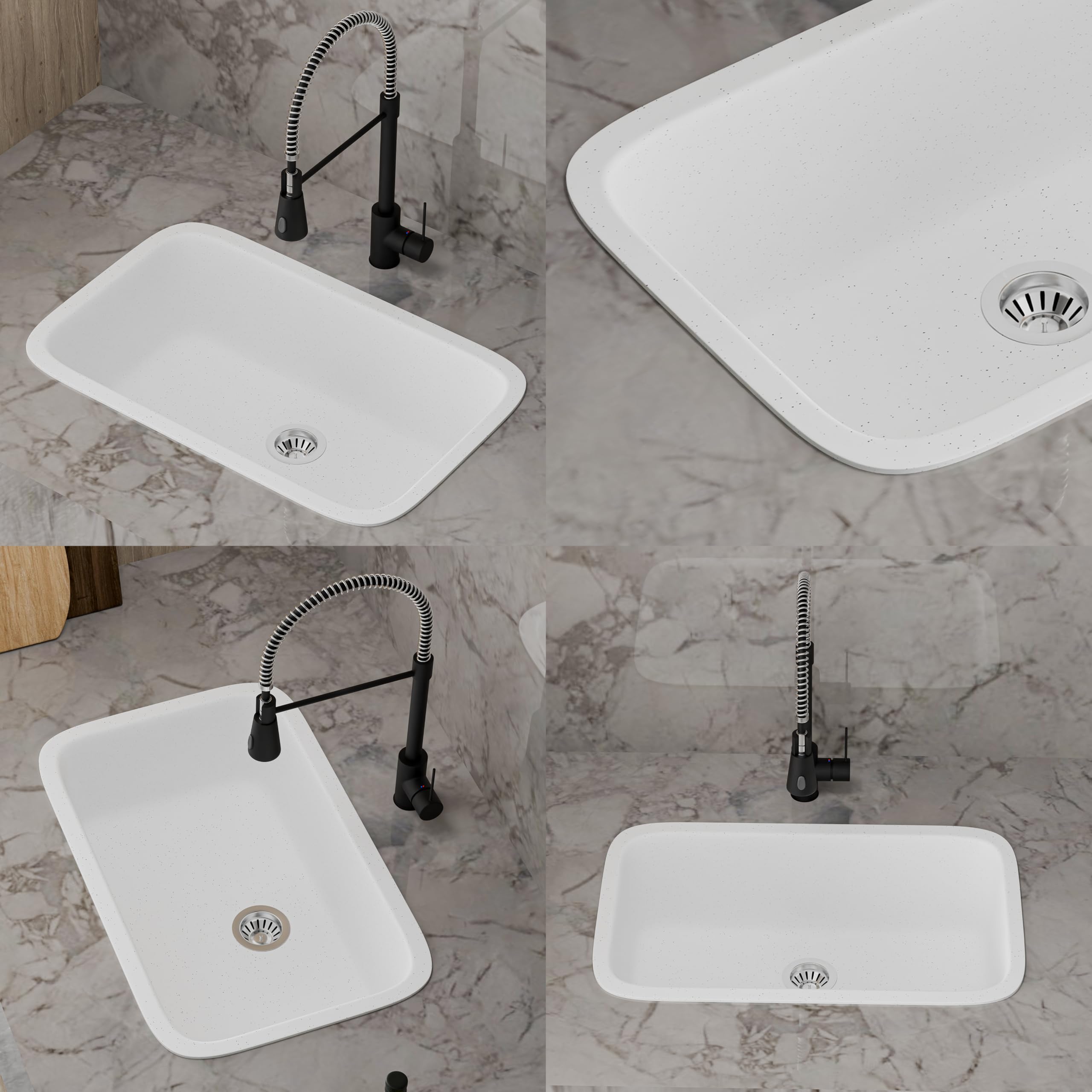 HISRE Quartz Single Bowl Kitchen Sink with Round Corners | 31x19x10 Inches | Noise Reducing Durable Easy to Clean Scratch Resistant Kitchen Sink for Modern Homes | White, photo 4 of 5