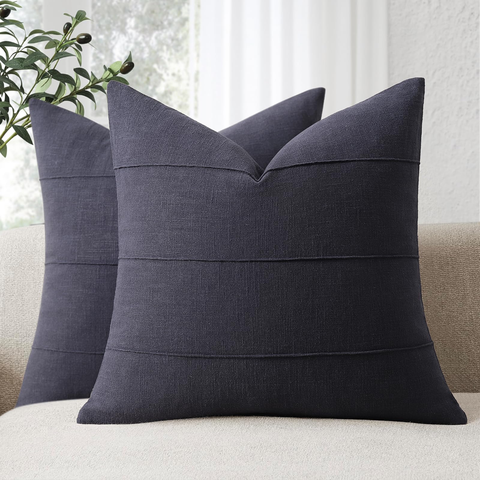 ZWJD Decorative Linen Cushion Covers 50x50 Set of 2 Solid Handcrafted Striped Throw Pillow Covers Soft Modern Farmhouse Neutral Cushion Covers for Sofa Bedroom Living Room Home Decor (Dark Navy) — image 1