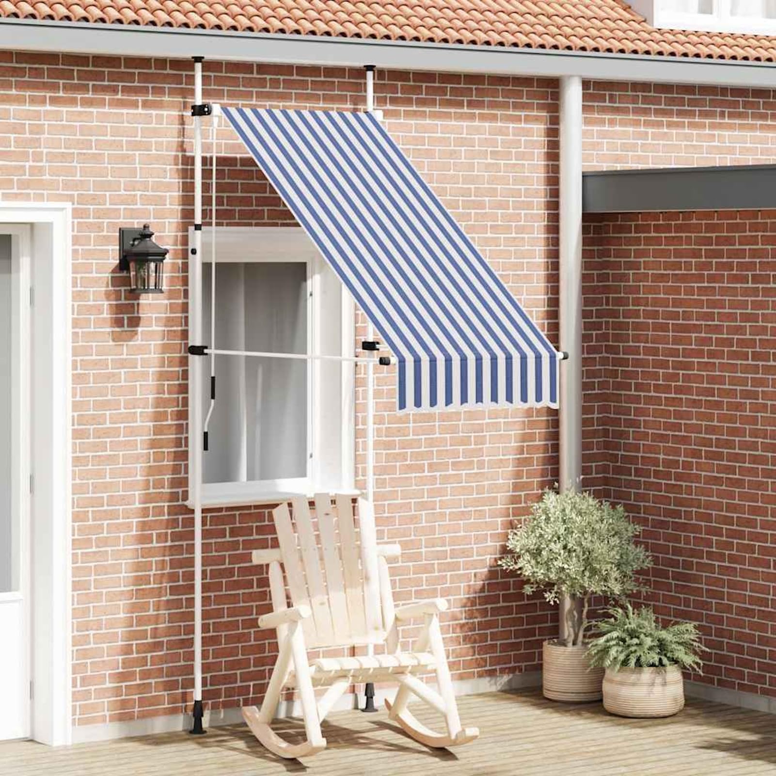 Markiza zwijana, obsługiwana ręcznie, 100 cm, niebiesko-białe paski, markiza na balkon, bez wiercenia, z korbą ręczną, aluminiowa markiza odporna na promieniowanie UV, regulacja wysokości i