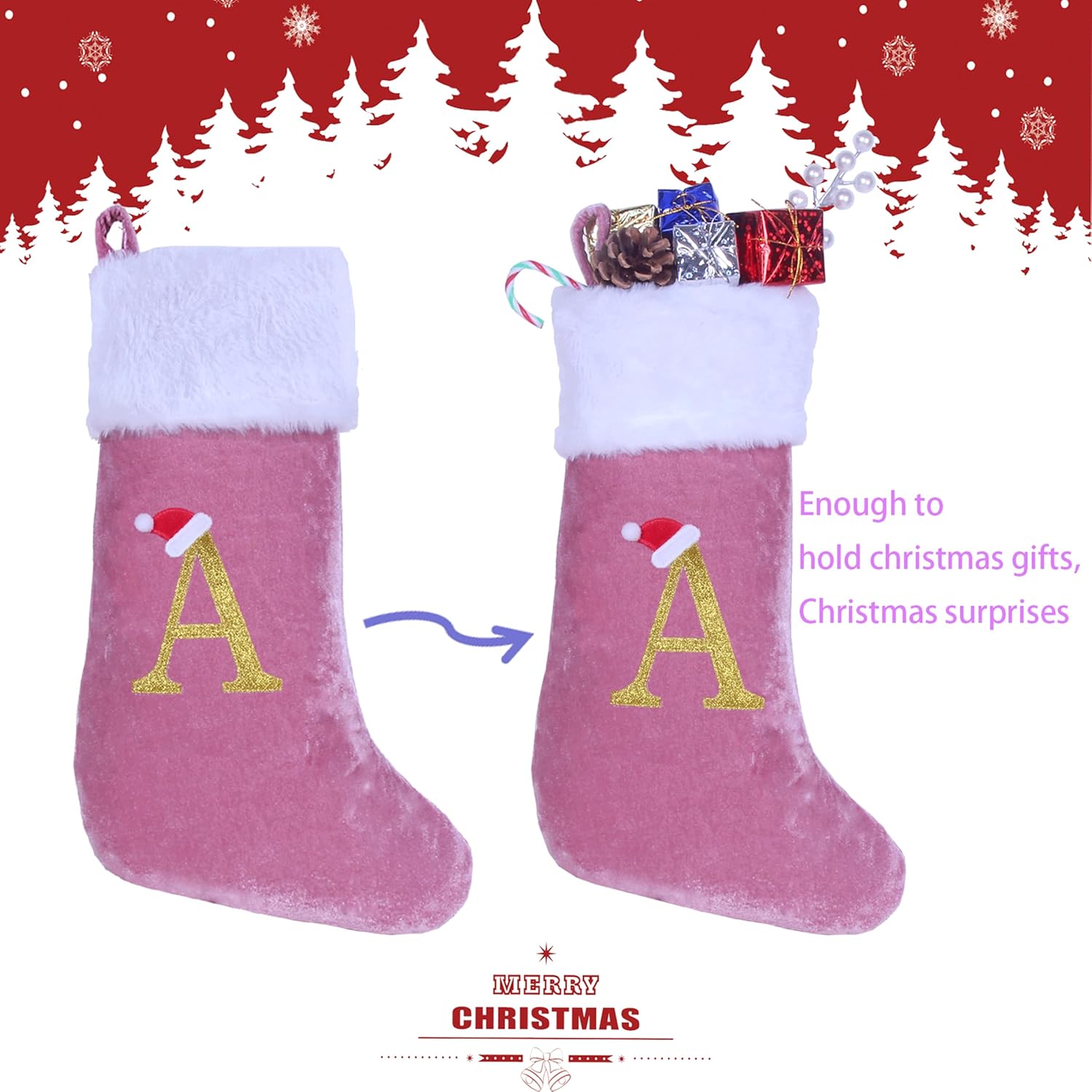 20 Inches Monogram Christmas Stockings with Letters Large Super Soft Christmas Stockings, Pink Velvet with White Plush Cuff Embroidered Xmas Stocking for Christmas Family Decor Letter A - Image 3