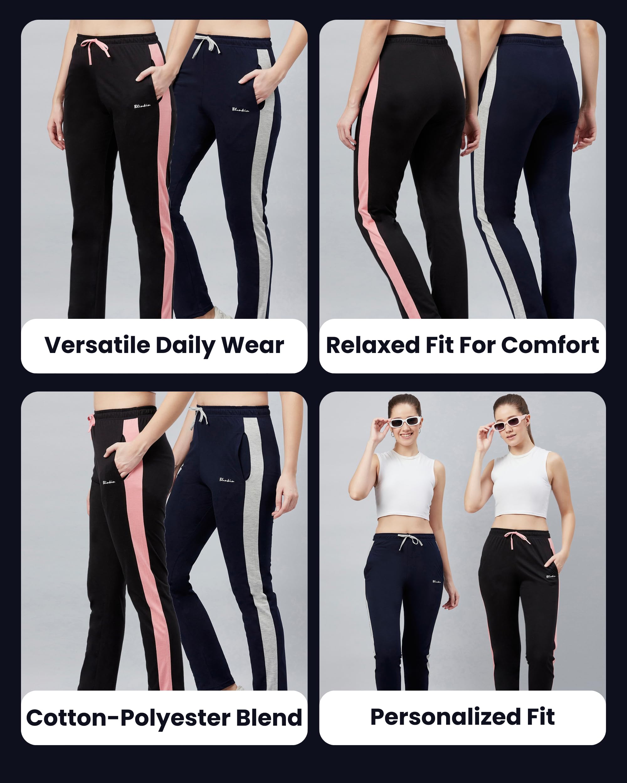 BLINKIN Women's Cotton Pajamas Combo, Pack of 2 - Black|Navy, Size L - Ultimate Relaxed Fit Track Pants for Women, Night Wear & Comfort Wear - Image 4 thumbnail
