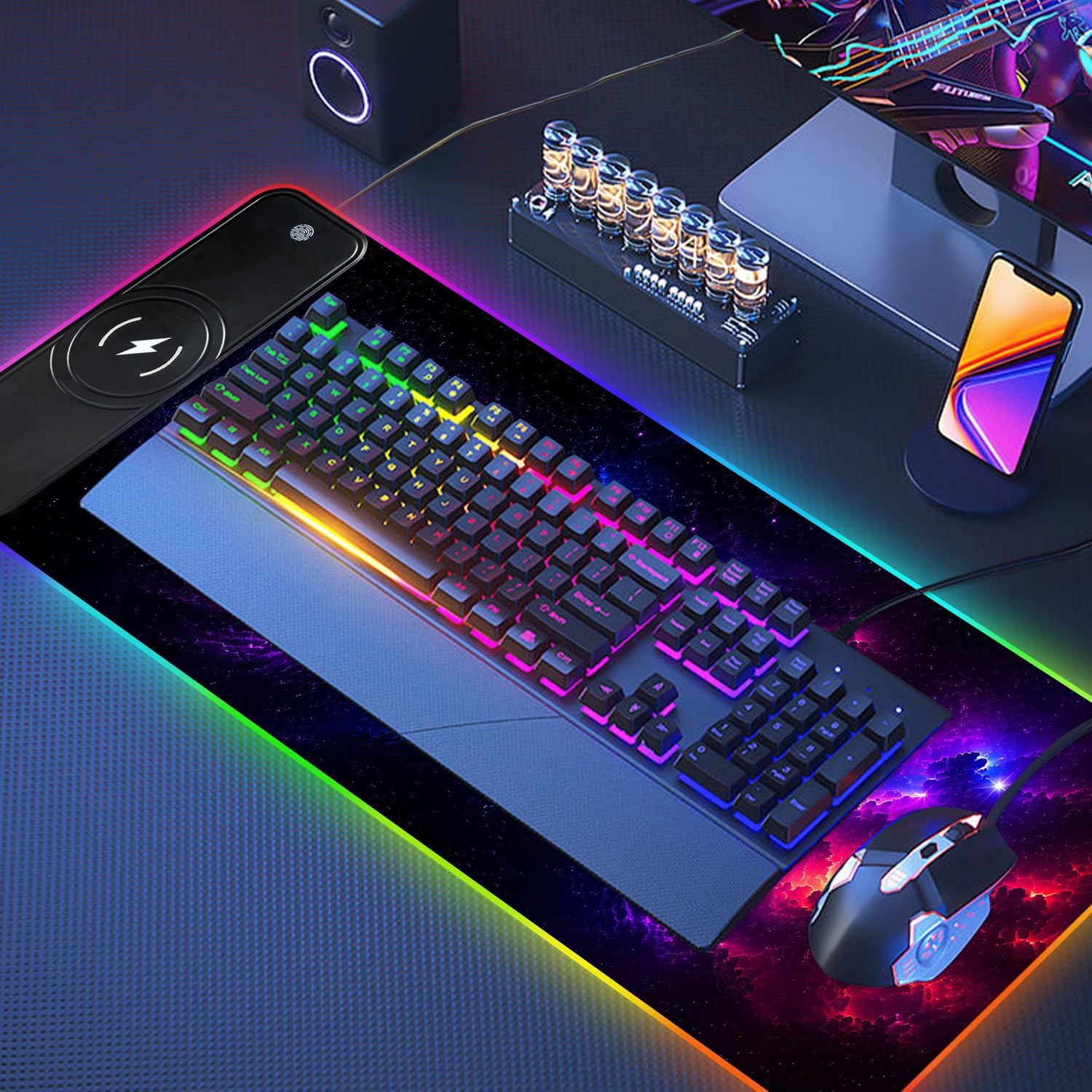 Tappetino per mouse con supporto per telefono, 80 x 30 cm, wireless, Qi a ricarica rapida, tappetino per mouse RGB da gioco per casa e ufficio, grande tappetino da scrivania con superficie ultra