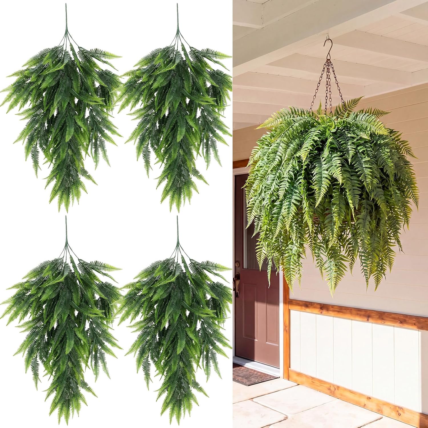 4 Pcs Artificial Boston Fern Plants, 32 Inch Hanging Boston Fern for Outdoors, Realistic Faux Plants Vines, UV Resistant Fake Greenery for Indoor Outdoor Garden Office
