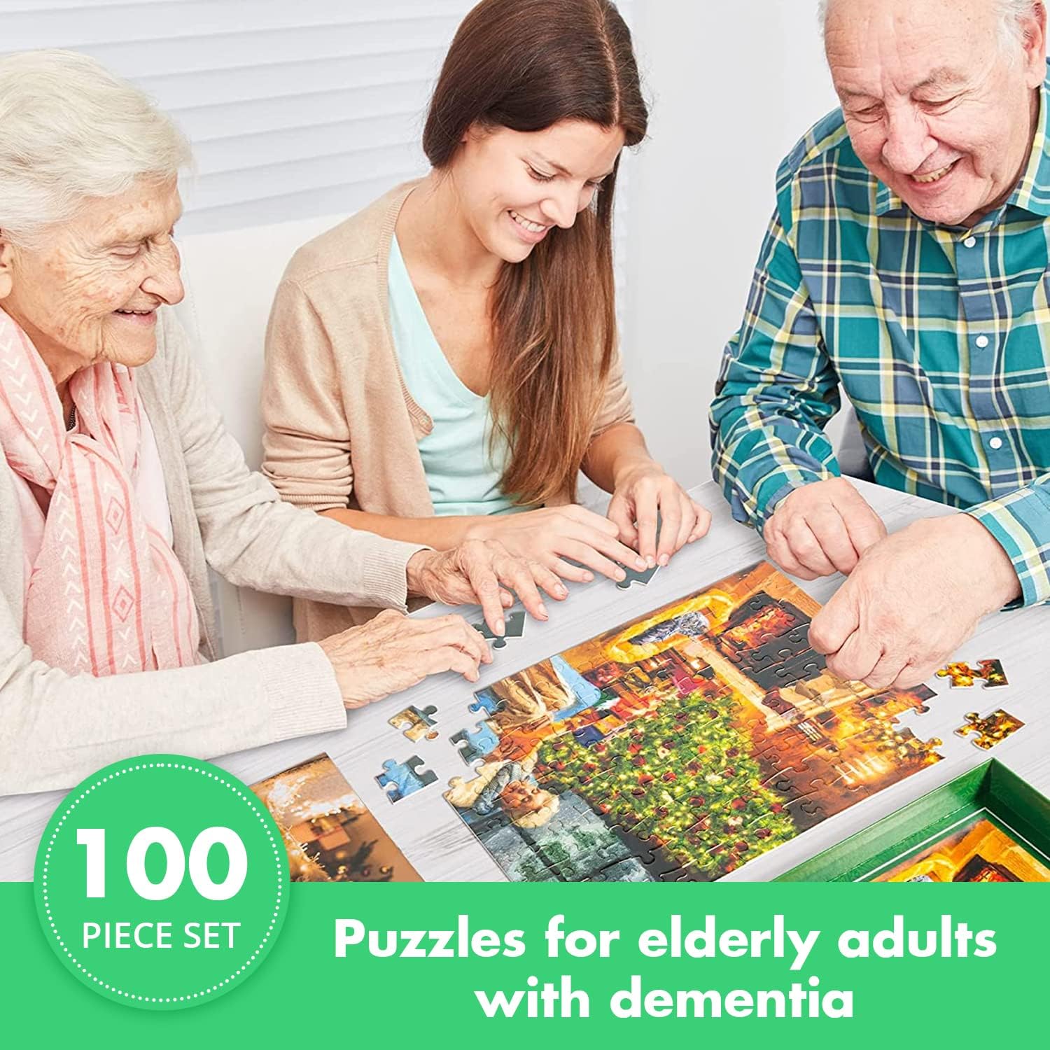Assistex Large Piece Jigsaw Puzzle for Seniors with Dementia with Conversation Prompts, Large Piece Memory Game for Adults, Elderly, and Dementia Patients – Christmas Puzzle, 100 pcs