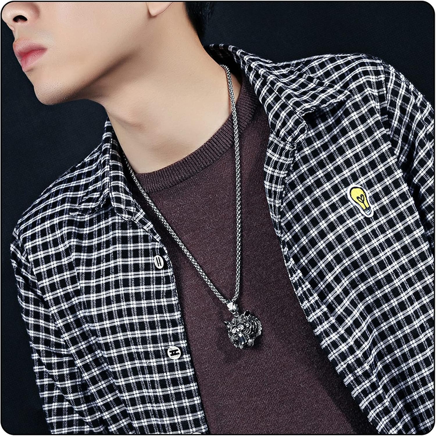 Punk Rock Titanium Steel Animal Tiger Head Pendant Chain Necklace - Image 6