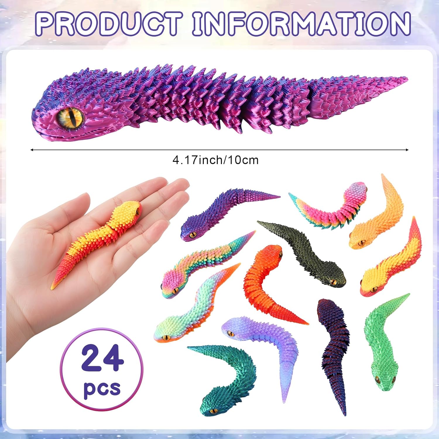 24 Pcs 3D Printed Snakes Toys Small 3D Printed Animals Flexible Cute Articulating Fidget Toys for Desk Decor (Multicolor)