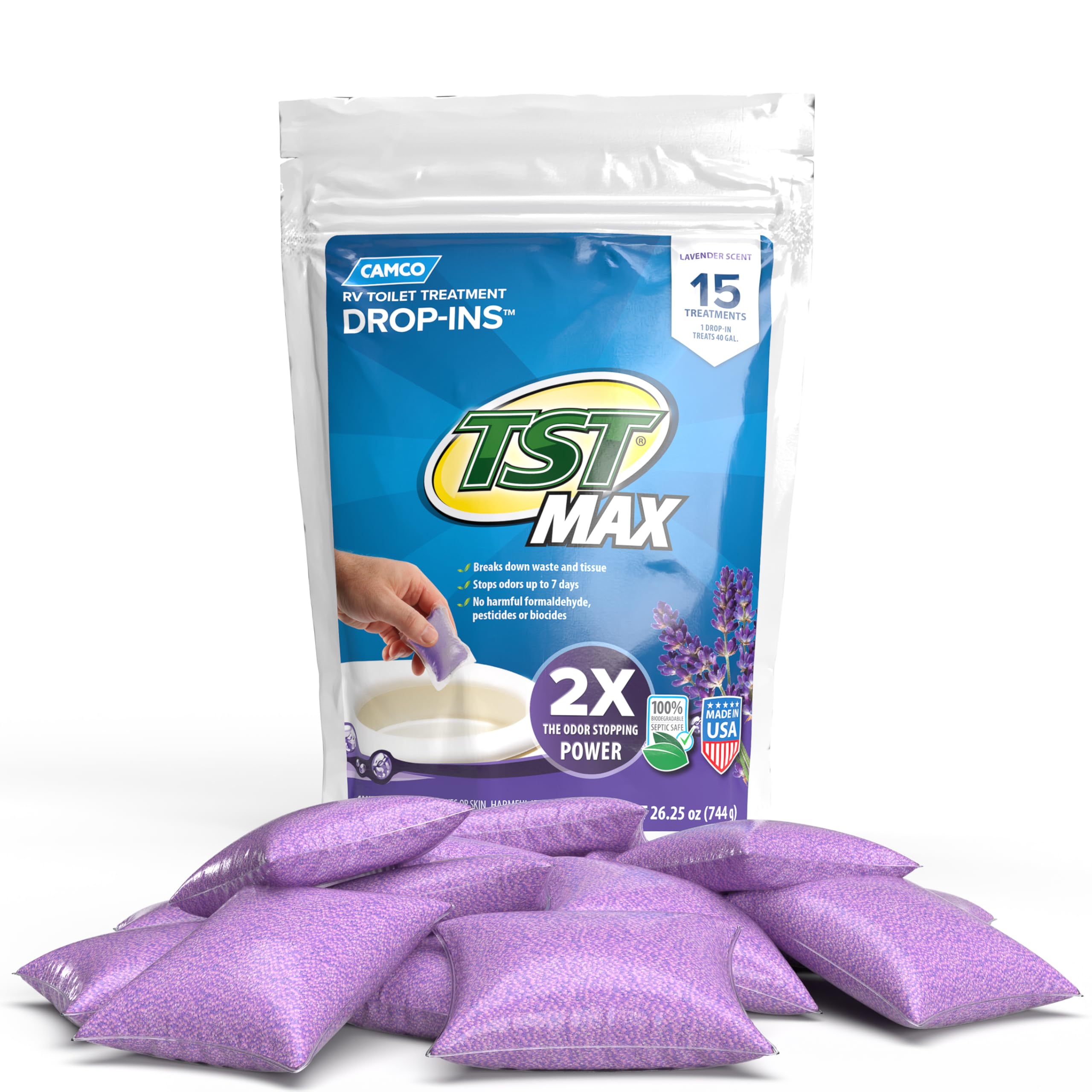 Camco TST MAX Camper/RV Toilet Treatment Drop-INs - Control Unwanted Odors & Break Down Waste and Tissue - Safe Septic Tank Treatment - Lavender Scent, 15-Pack (41559)