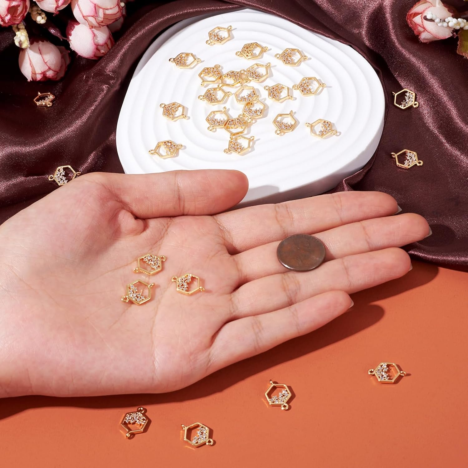 FASHEWELRY 30pcs Hollow Hexagon Cubic Zirconia Links 18K Gold Brass CZ Stone Crystal Pendants Connectors With Double Loops for Bracelet Necklace Earring Craft Jewelry - Image 2