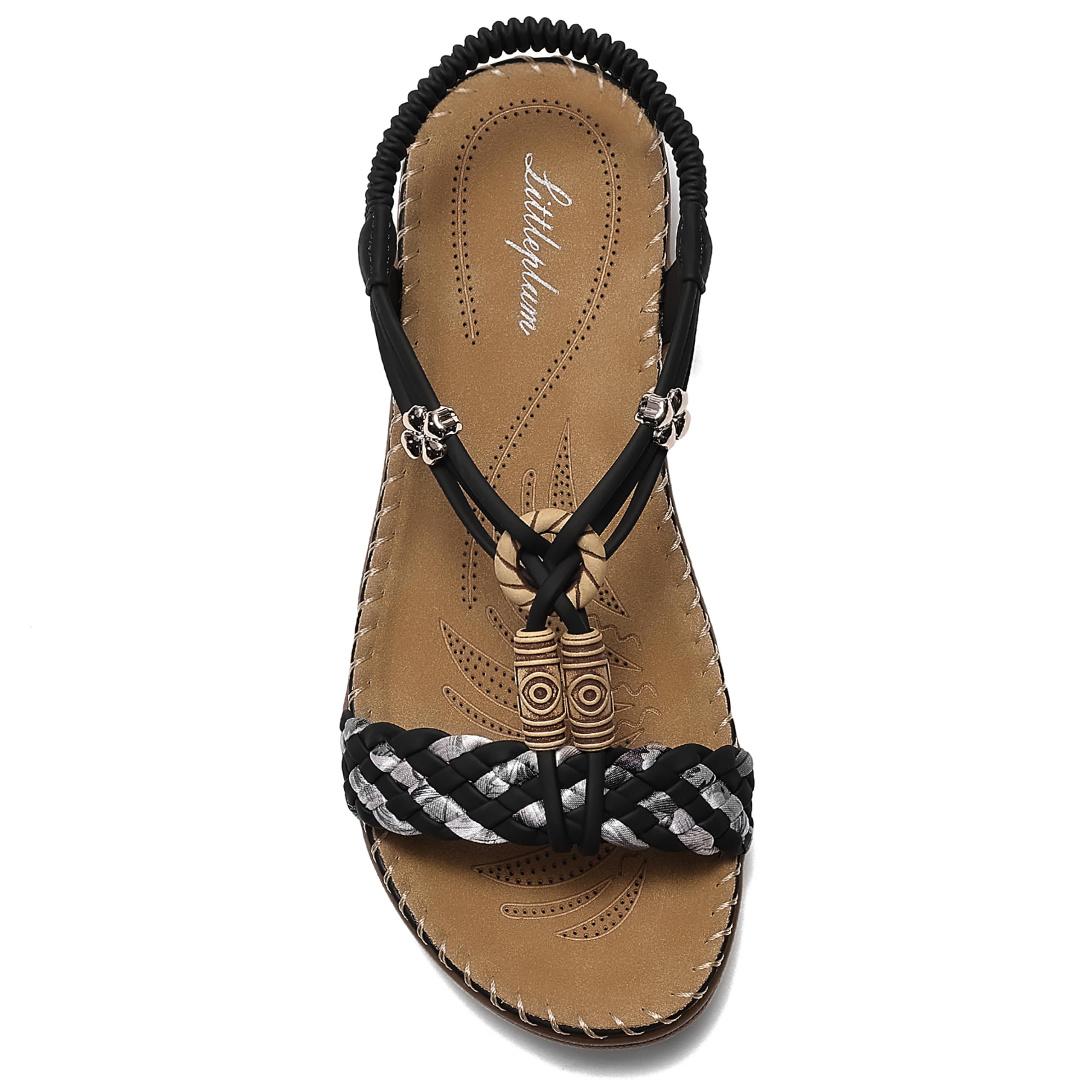 Littleplum Damen Sandalen Freizeit Flach Sandalette Handarbeit mit Strass Perlen Bohemia Strand Schuhe