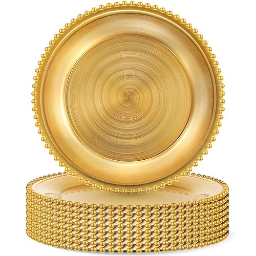 24 platos de carga dorados a granel de 13 pulgadas, cargadores redondos de plástico para mesa de ajuste de mesa, cargadores metálicos con cuentas de