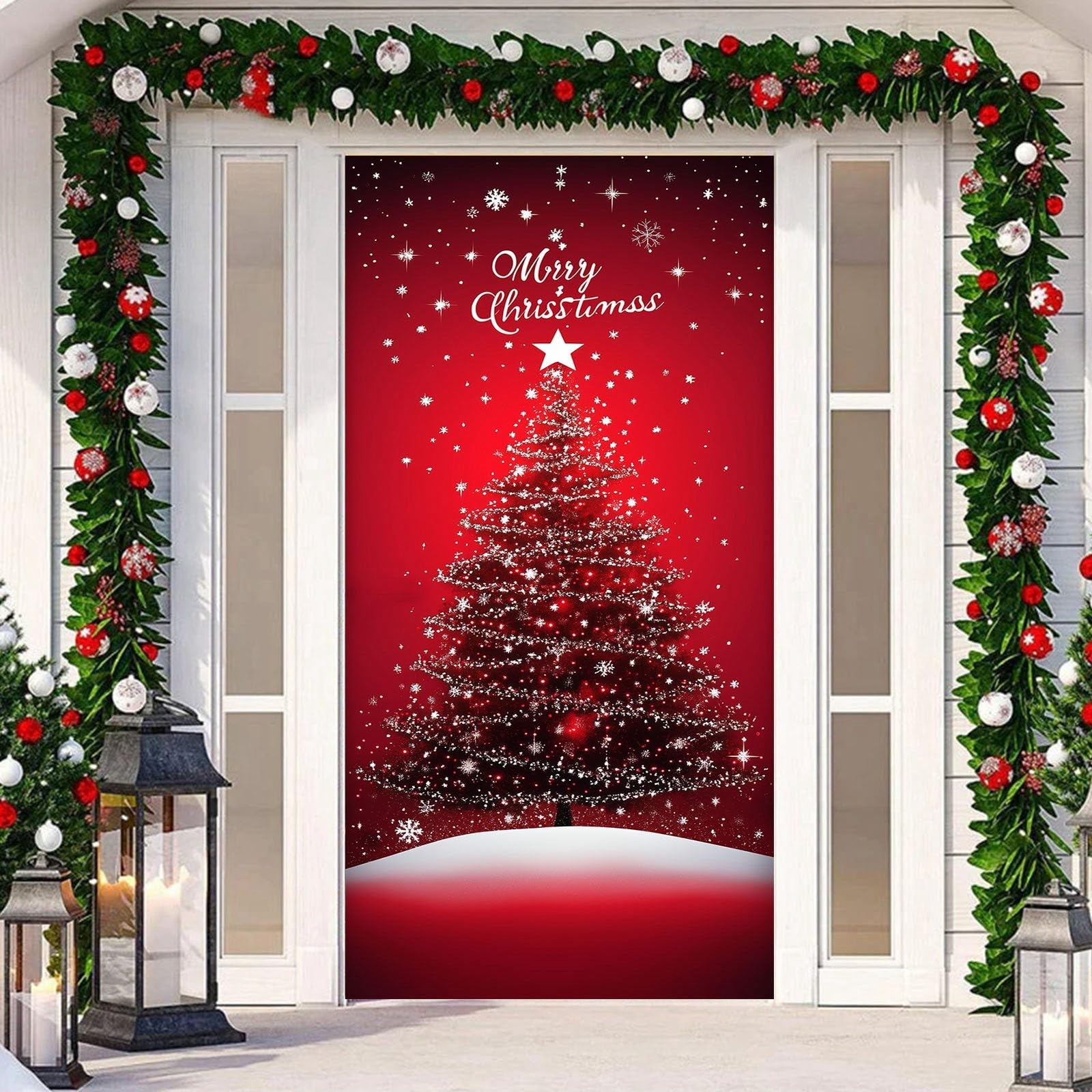 Housse Porte D'entrée Noel Décoration De Porte D'entrée De Noël En Tissu élastique Pour Maison, Fête, Vacances, 89 X 200 Cm (#17 Housse De Porte Noel Elastique