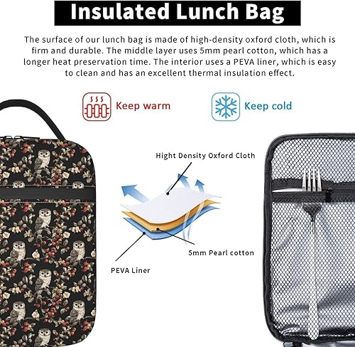 Miniatura 5 de Lonchera con diseño de búho para mujeres, niños y niñas, lonchera aislada, bolsa de almuerzo para adultos, bolsa de almuerzo reutilizable para el