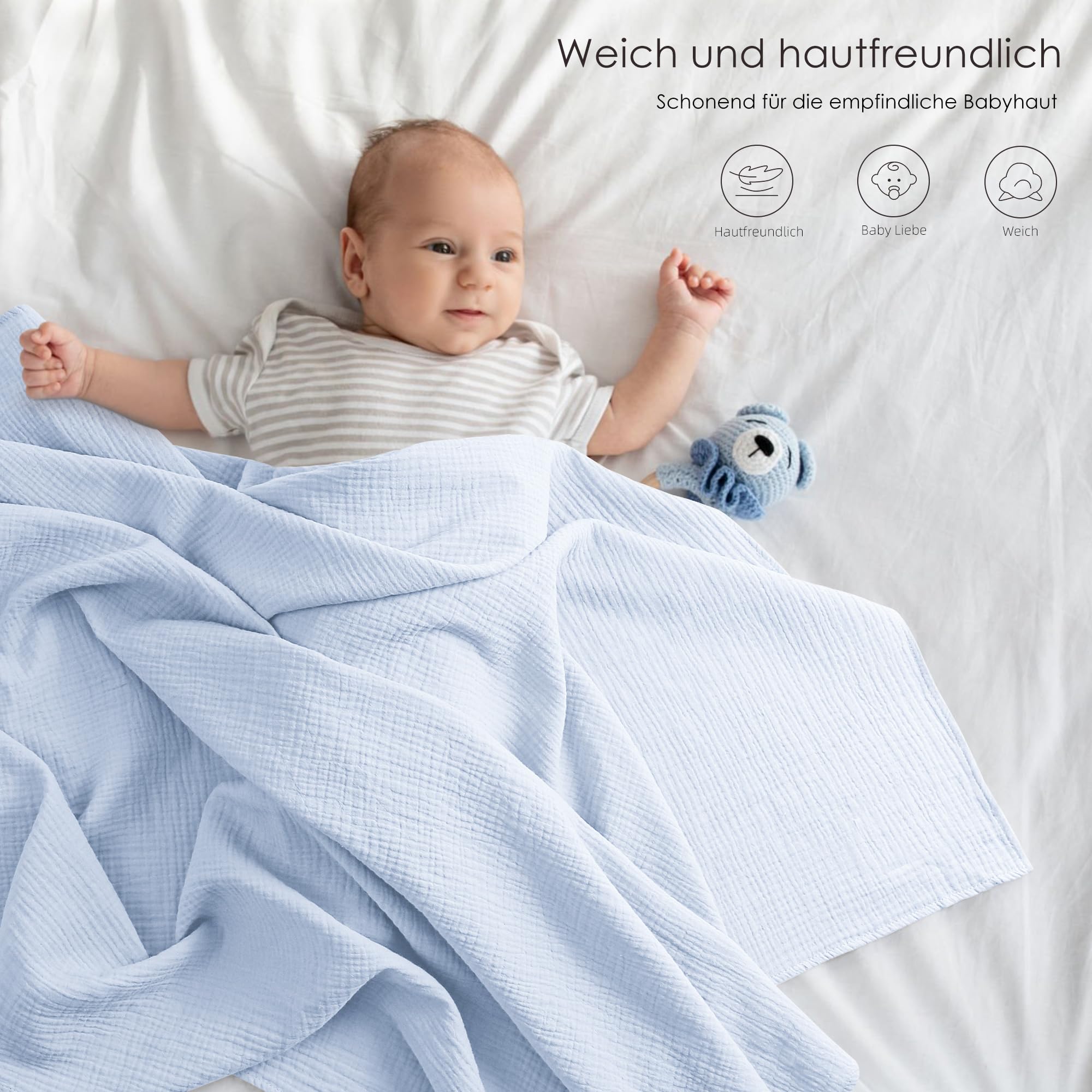 Bearmoss Coperta per neonati in mussola 100% cotone, sottile e traspirante, per bambini e bambine, 3 pezzi, 96 x 102 cm (luna blu)
