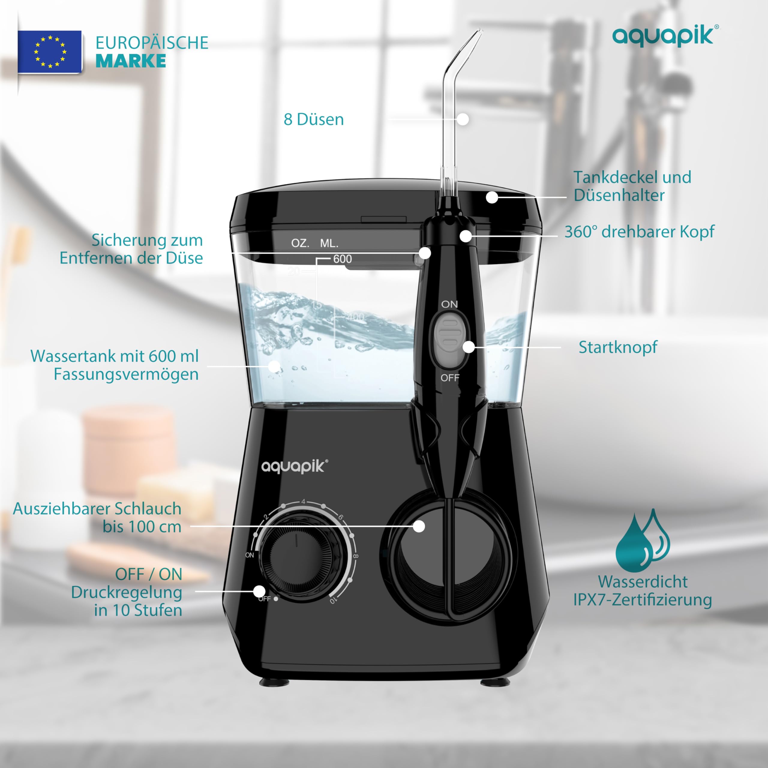 Aquapik® ADVANCED Munddusche | Ideal für Zahnspangen, Implantate und empfindliches Zahnfleisch | Aufhellungs-Kit entfernt Flecken | 10 Druckstufen | 10 Düsen | Von Zahnärzten empfohlen.