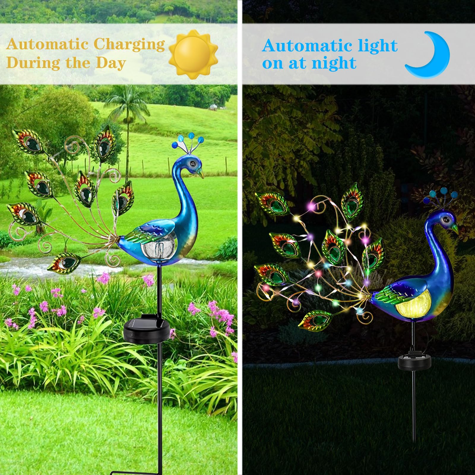 Lampe Solaire de Jardin, Statue Paon Lumière Solaire Exterieur en Métal Imperméable, Decoration Jardin Exterieur, Lampe Solaire LED pour Chemins, Patio, Pelouse, Maison, Fête