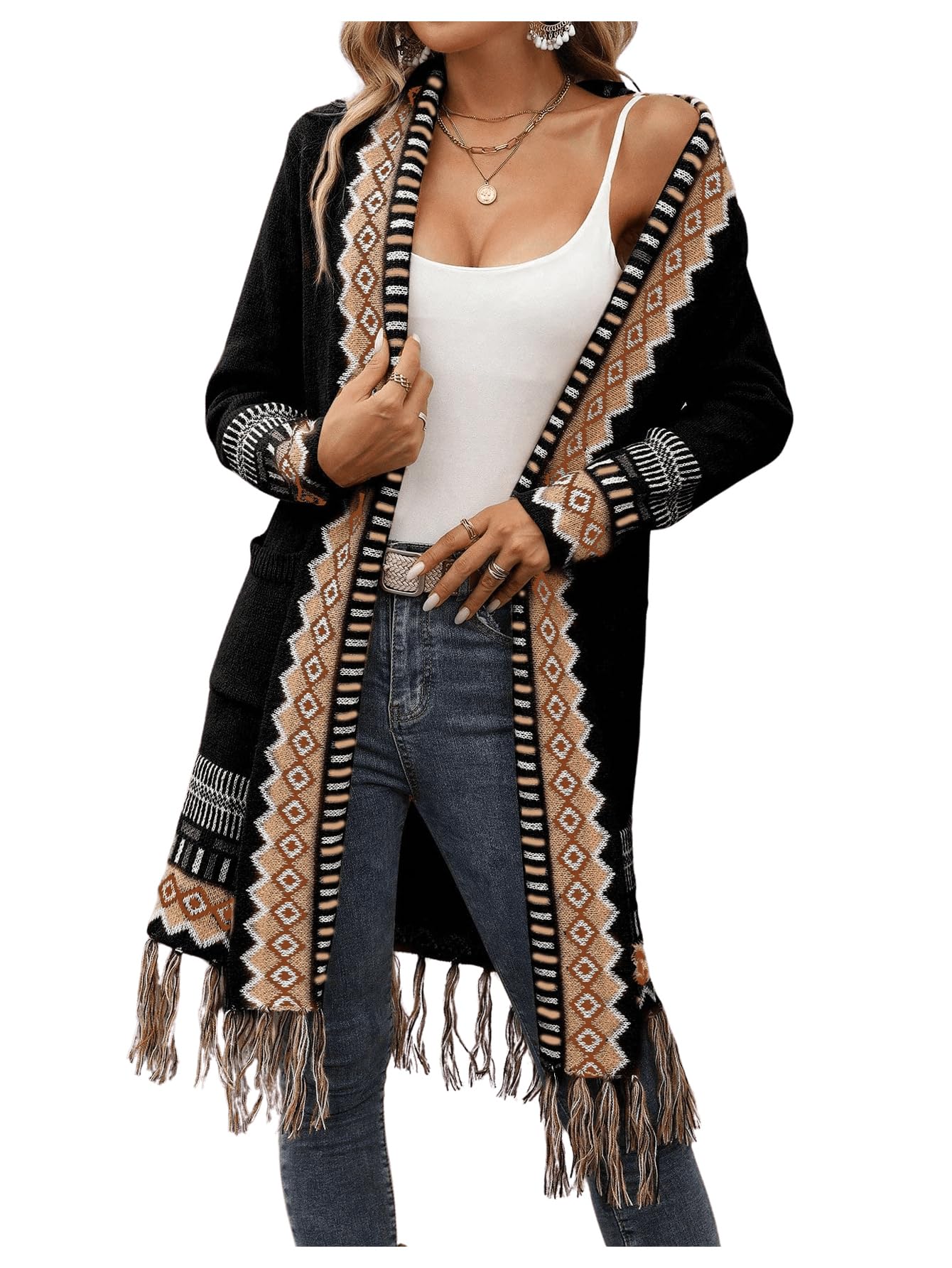 Womens Boho Long Cardigans Sweaters Western Chunky Fringe Duster Cardigan Open Front Knit Sweater with Pocket