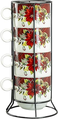 Juego de 4 tazas apilables de café y té de 10 onzas con soporte de metal (Poinsettia)