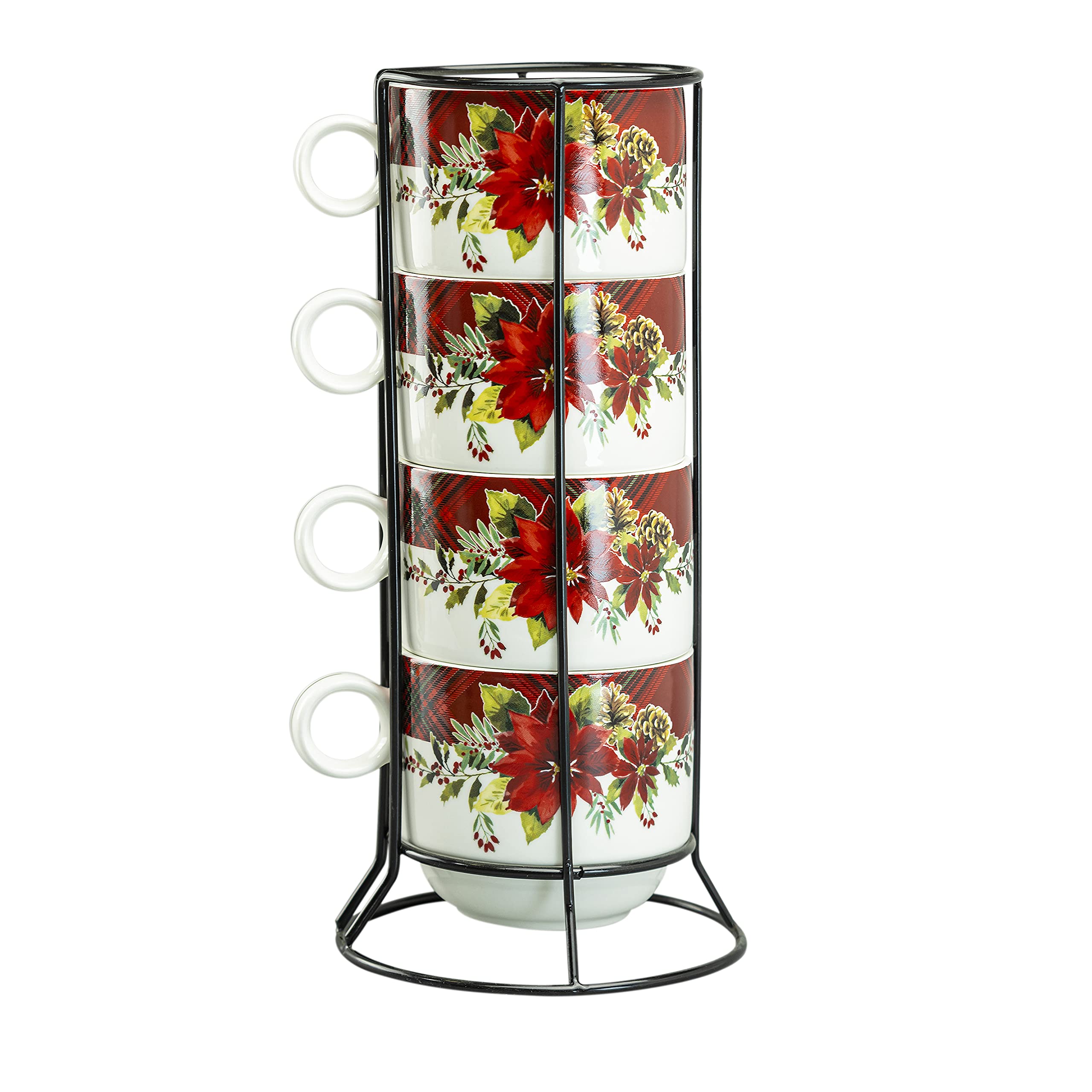 Grace Teaware Stackable Coffee Tea Mug 10-Ounce Set of 4 With Metal Stand (Poinsettia)