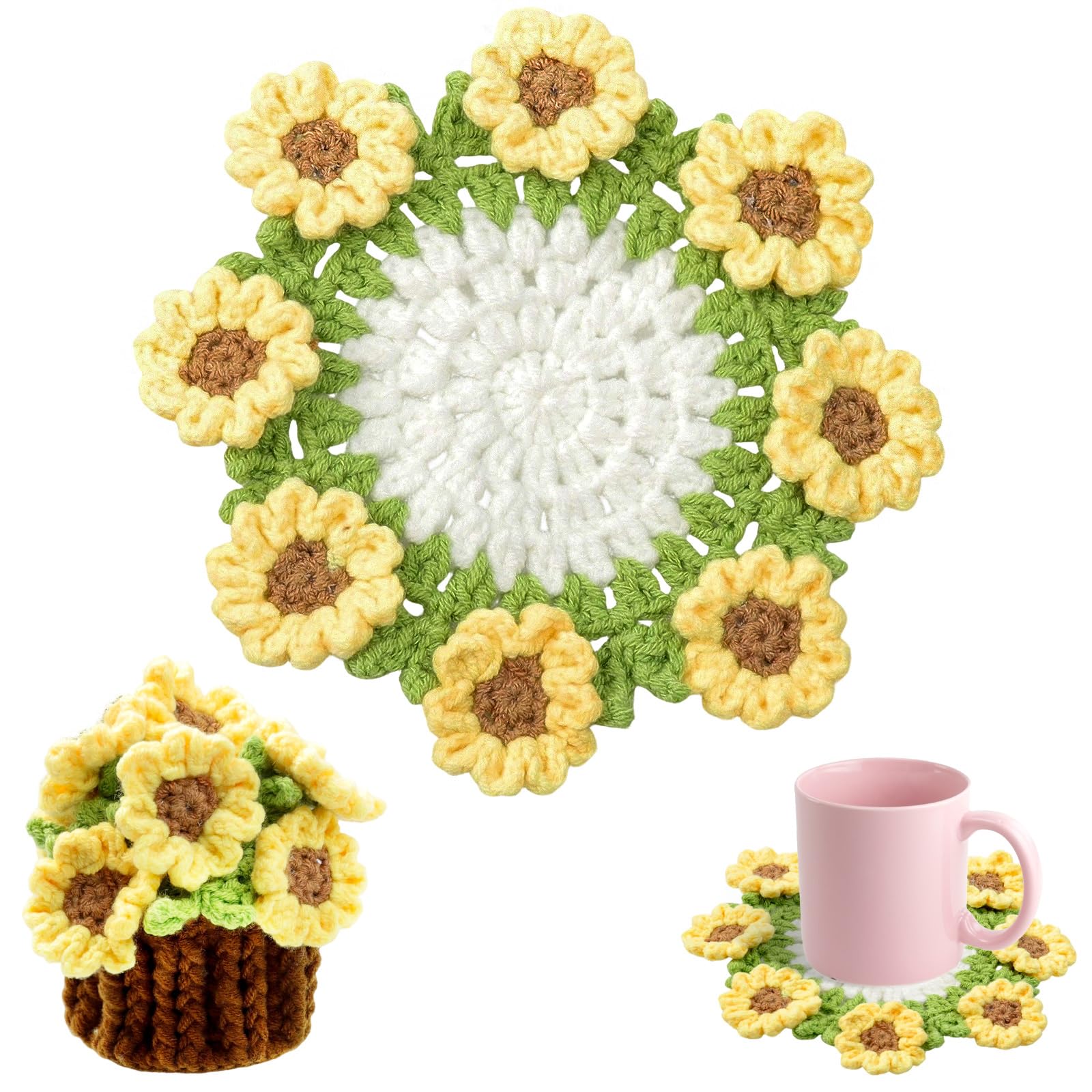 Handmade Sunflower Crochet Flower Coaster Set with Storage Basket (Yellow)