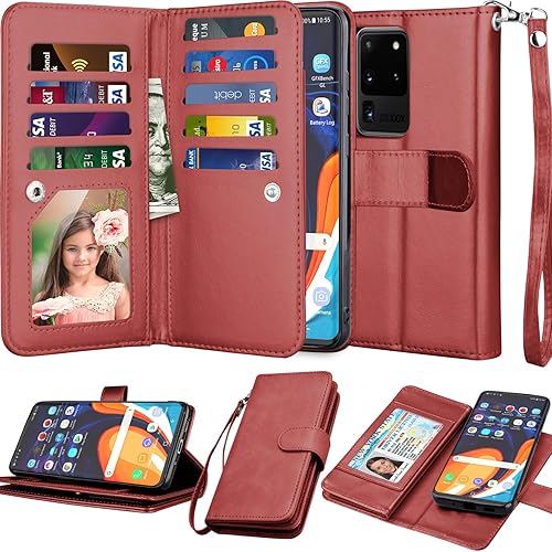 Miniatura 8 de Njjex Funda para Galaxy S20 Ultra 5G, para Samsung Galaxy S20 Ultra (6.9 pulgadas), 9 ranuras para tarjetas Funda de piel sintética para crédito de