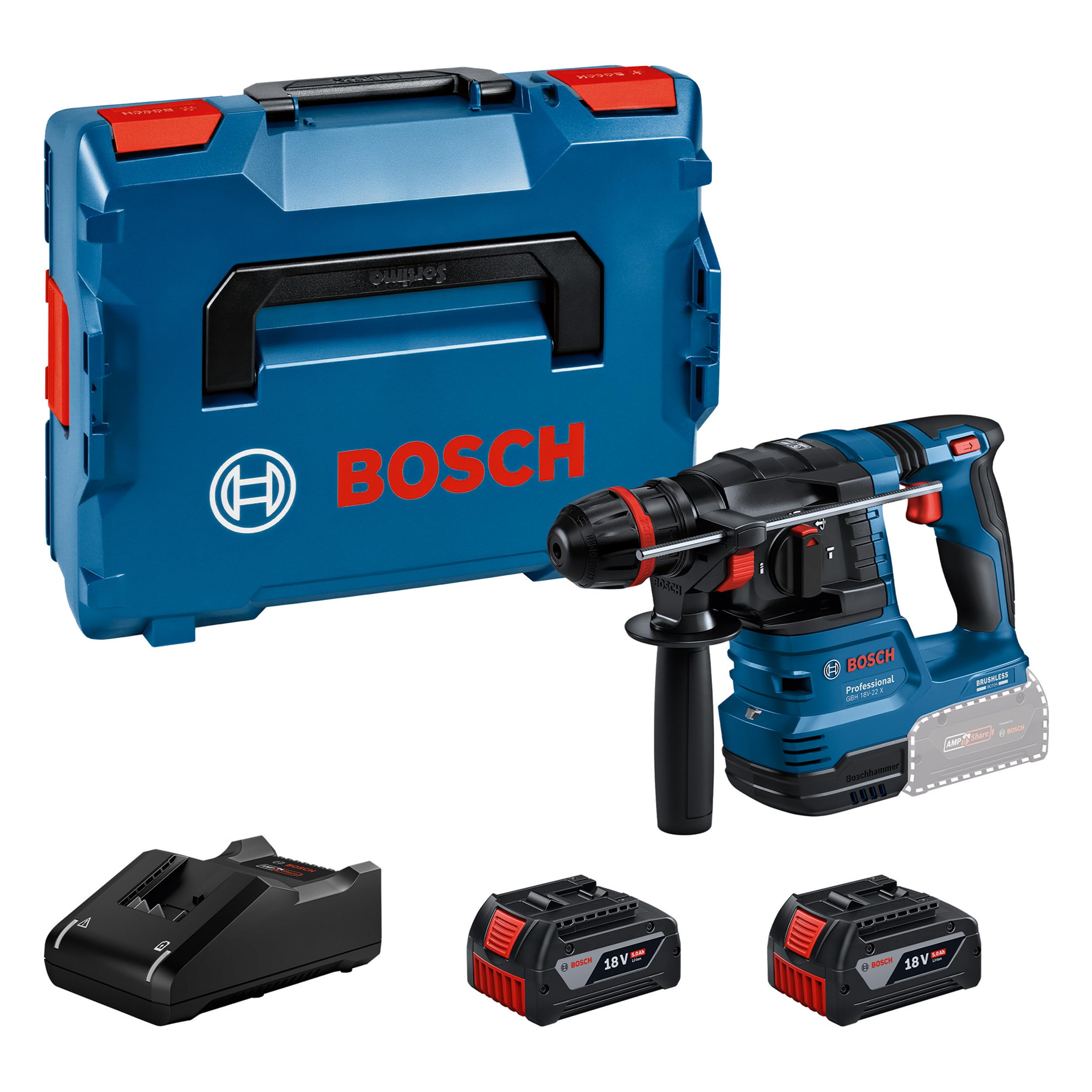Bosch Professional Blue 18V System Cordless Rotary Hammer Gbh 18V-22 X (Incl. 2X Gba 5.0Ah, Gal 18V-40, L-Boxx 136)