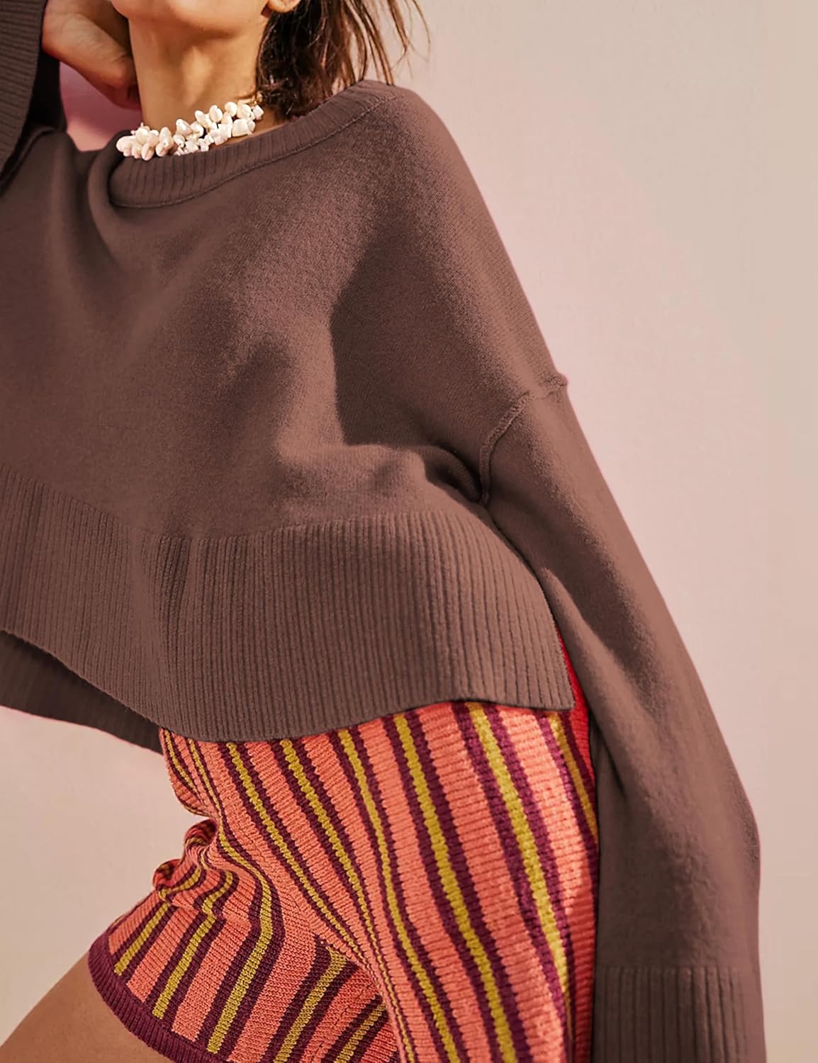 Sweaters for Women Bell Long Sleeve Crewneck Side Slit Fall Winter Casual Oversized Pullover Knit Sweater Top(0001) - Image 5