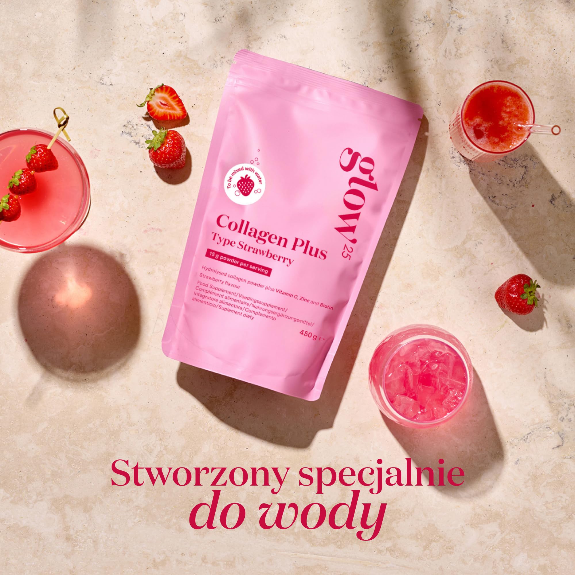 Glow25® Collagen Plus Type Strawberry [450g] – Hydrolizat kolagenu z witaminą C, cynkiem i biotyną – Peptydy typu 1 i 3 – Stworzony specjalnie do wody – O smaku truskawkowym